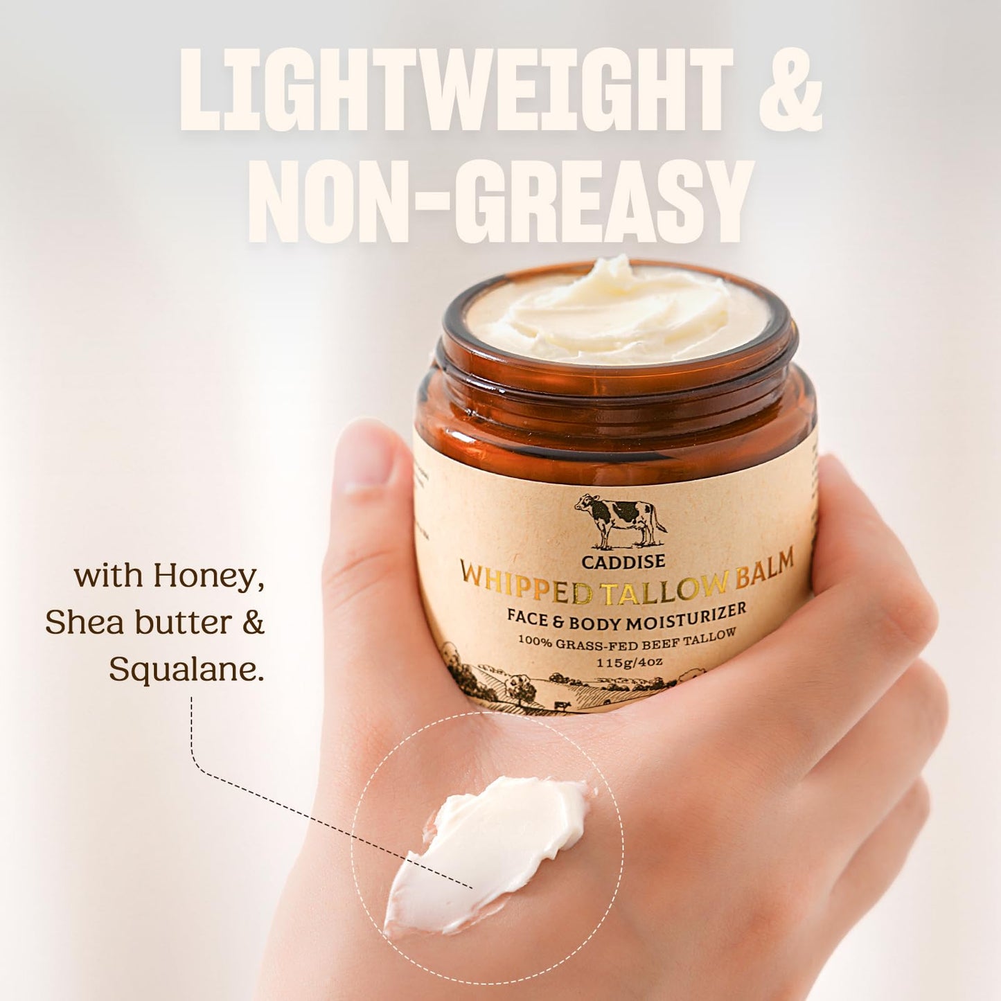 Whipped Grass-Fed Beef Tallow Cream – Handmade Natural Moisturizer with Honey, Shea & Jojoba Oil, Non-Greasy Nourishing Skin Care, 4oz