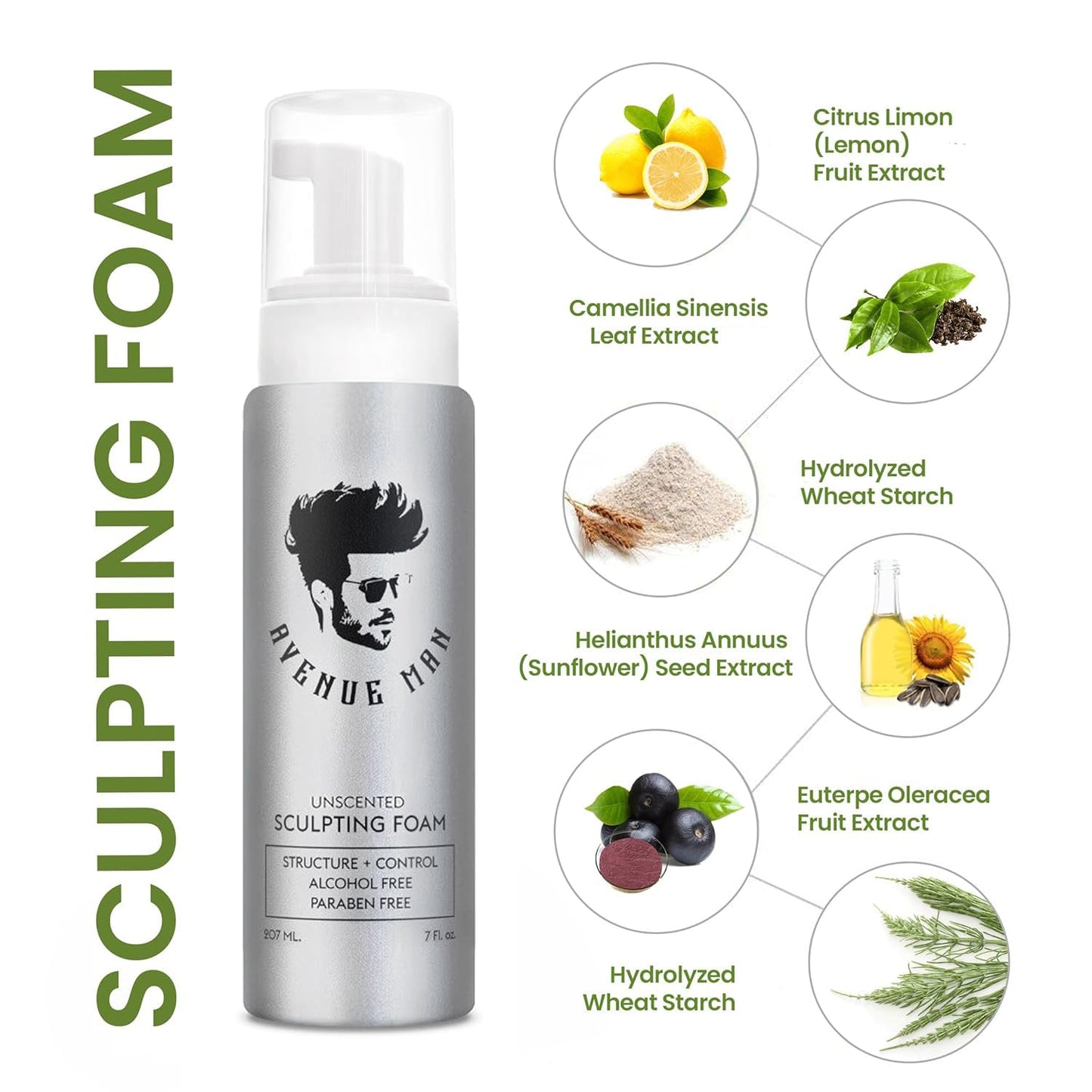 Avenue Man Sculpting Foam for Men 7 Oz – Firm Hold Hair Mousse for Frizz Control & Long-Lasting Lift – No Crunch, Clean Texture Styling Product