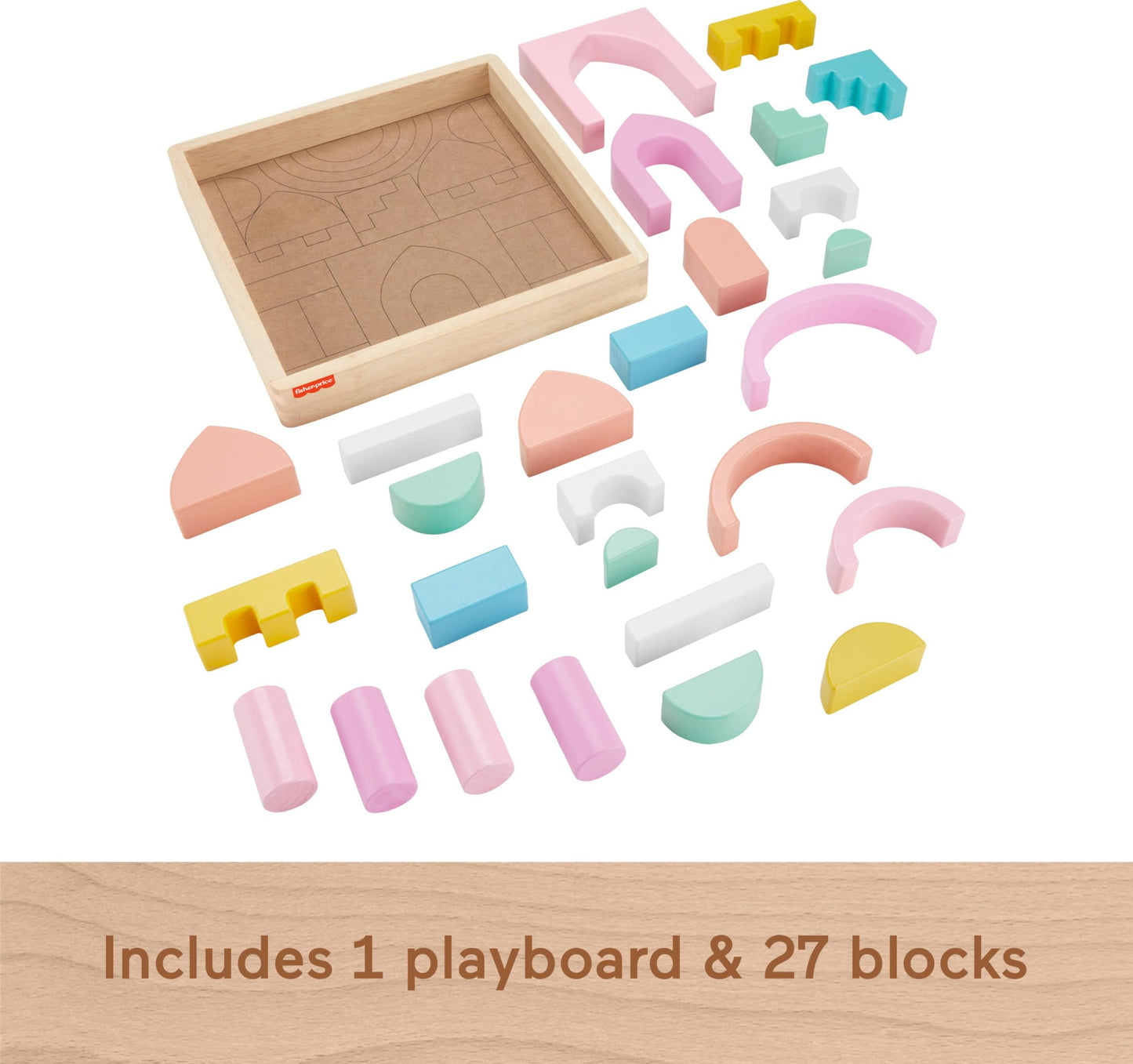 Fisher-Price Wood Toddler Toy Castle Block Set, 28 Wooden Pieces for Stacking Developmental Play Preschool Kids Ages 2+ Years