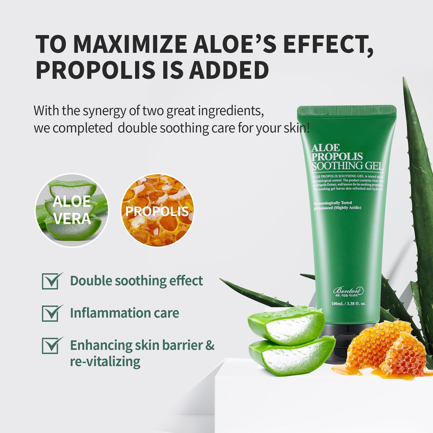 BENTON Aloe Propolis Soothing Gel 3.38 fl oz – Organic Aloe Vera Gel for Face, Sunburn Relief, After Sun Care & Travel-Size Moisturizer