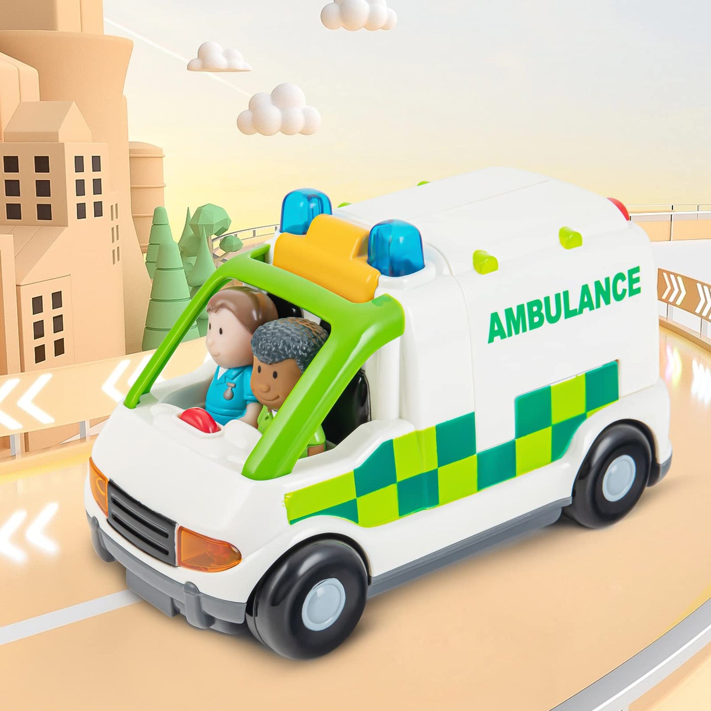 Auspint Friction-Powered Ambulance Toy with Lights & Sounds – Rescue Role Play Set for Toddlers, Boys 1-3, Birthday & Party Gift
