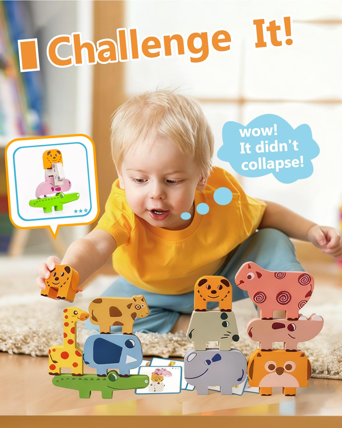 Cowcowcow Montessori Wooden Toys for Toddlers 1-4, 10-Pc Animal Blocks Sorting & Stacking Educational Puzzle, Birthday Gift