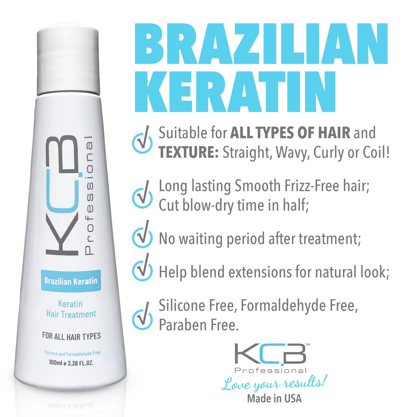 KCB Professional Brazilian Keratin 1-Step Treatment Kit – At-Home Hair Straightening & Frizz Control, Formaldehyde-Free, All Hair Types, 3.38 Fl Oz