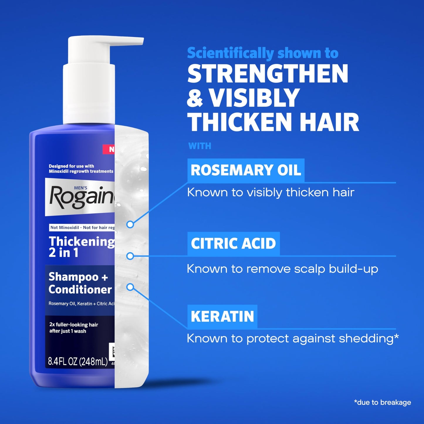 Rogaine Men’s 2-in-1 Thickening Shampoo & Conditioner with Rosemary Oil, Keratin & Citric Acid – Adds Volume & Strength, 8.4 fl oz