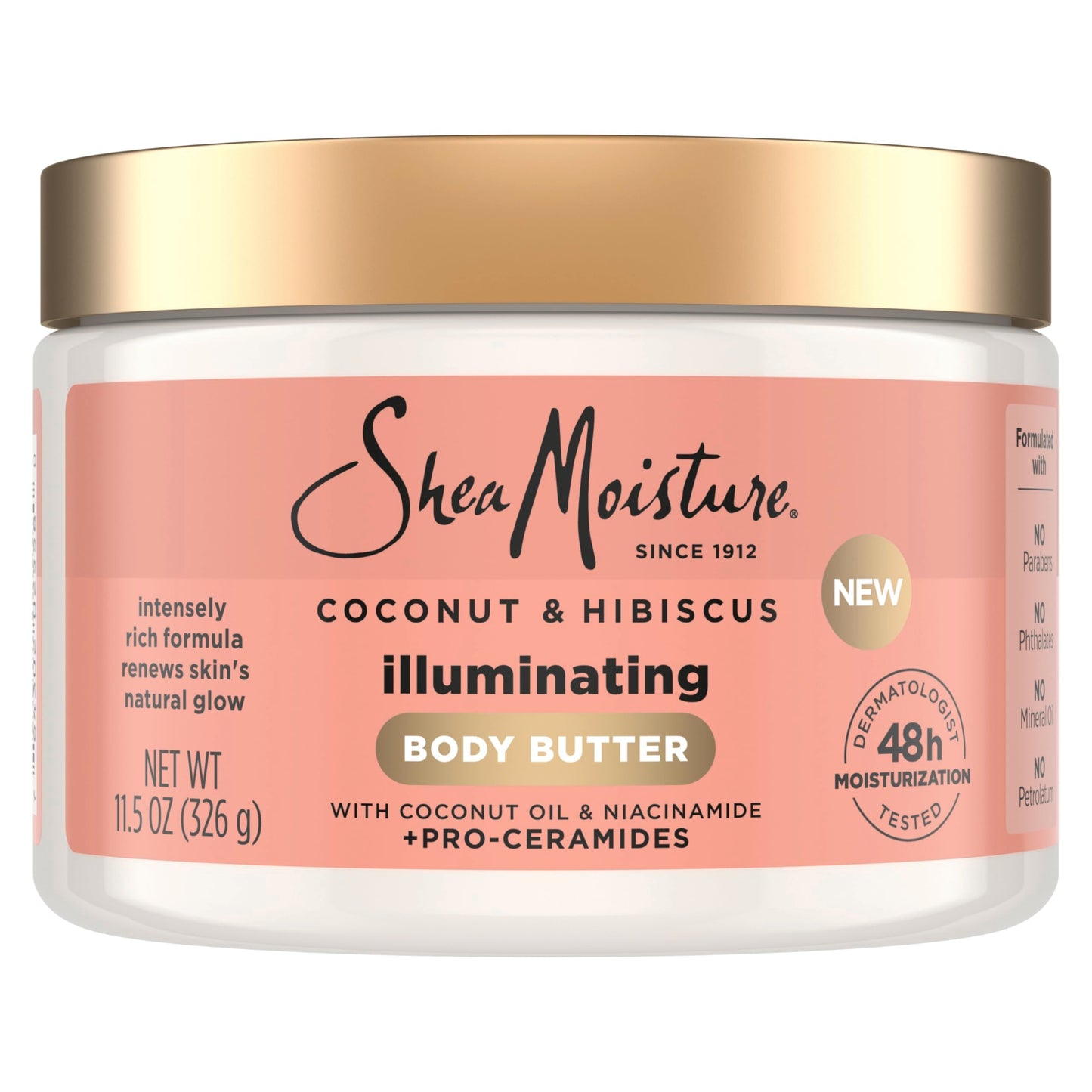 SheaMoisture Illuminating Body Butter with Coconut & Hibiscus, Niacinamide and Pro-Ceramides, Renewing Skin’s Natural Glow, 48H Moisturizing 11.5 oz