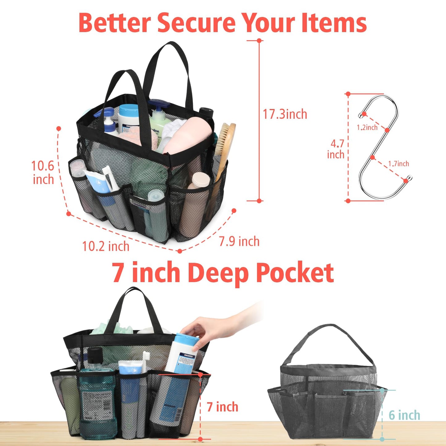 F-color Mesh Shower Caddy – Portable 7-Pocket Quick Dry Tote with S Hook & 2 Handles for Dorm, Gym, Bathroom, Camp – Black