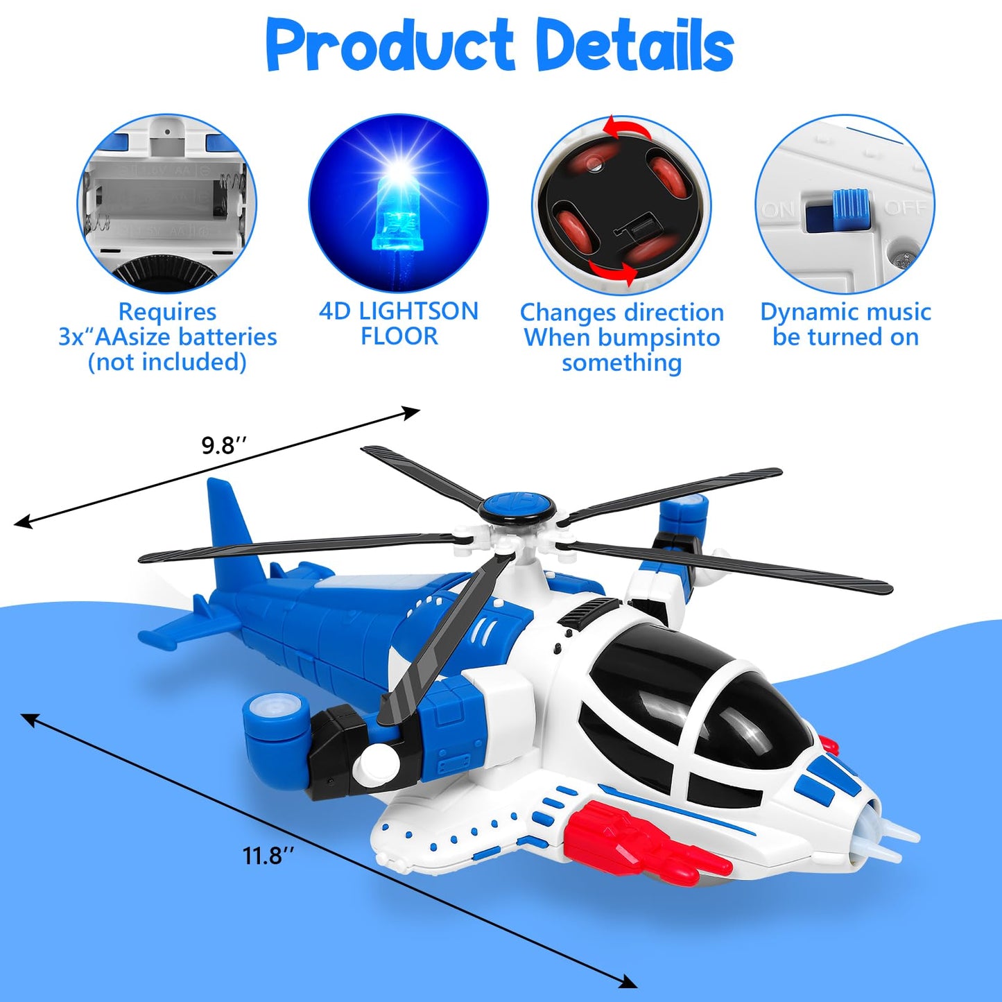 Toddler Helicopter Toy with Lights & Sounds, 360° Spin, Automatic Bump Action, Sensory Airplane for Boys & Girls Ages 1-5 (Blue)