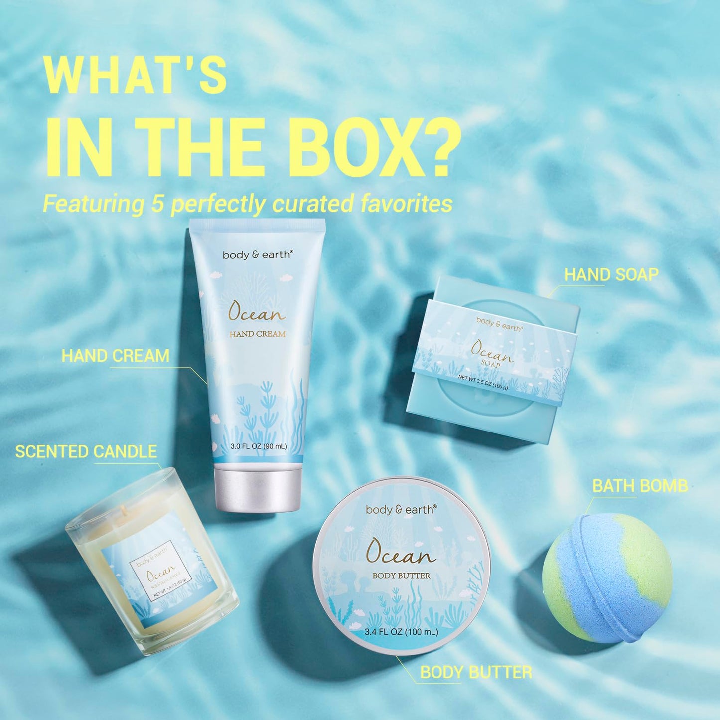 Bath & Body Gift Set for Women – 5-Piece Ocean Scent Spa Gifts with Candle, Body Butter, Hand Cream & Bath Bomb, Christmas Present