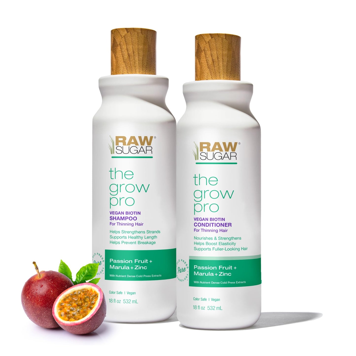 Raw Sugar Grow Pro Shampoo & Conditioner Set – Vegan Biotin Anti-Thinning, Pro-Lengthening Formula with Passion Fruit & Marula, Sulfate-Free