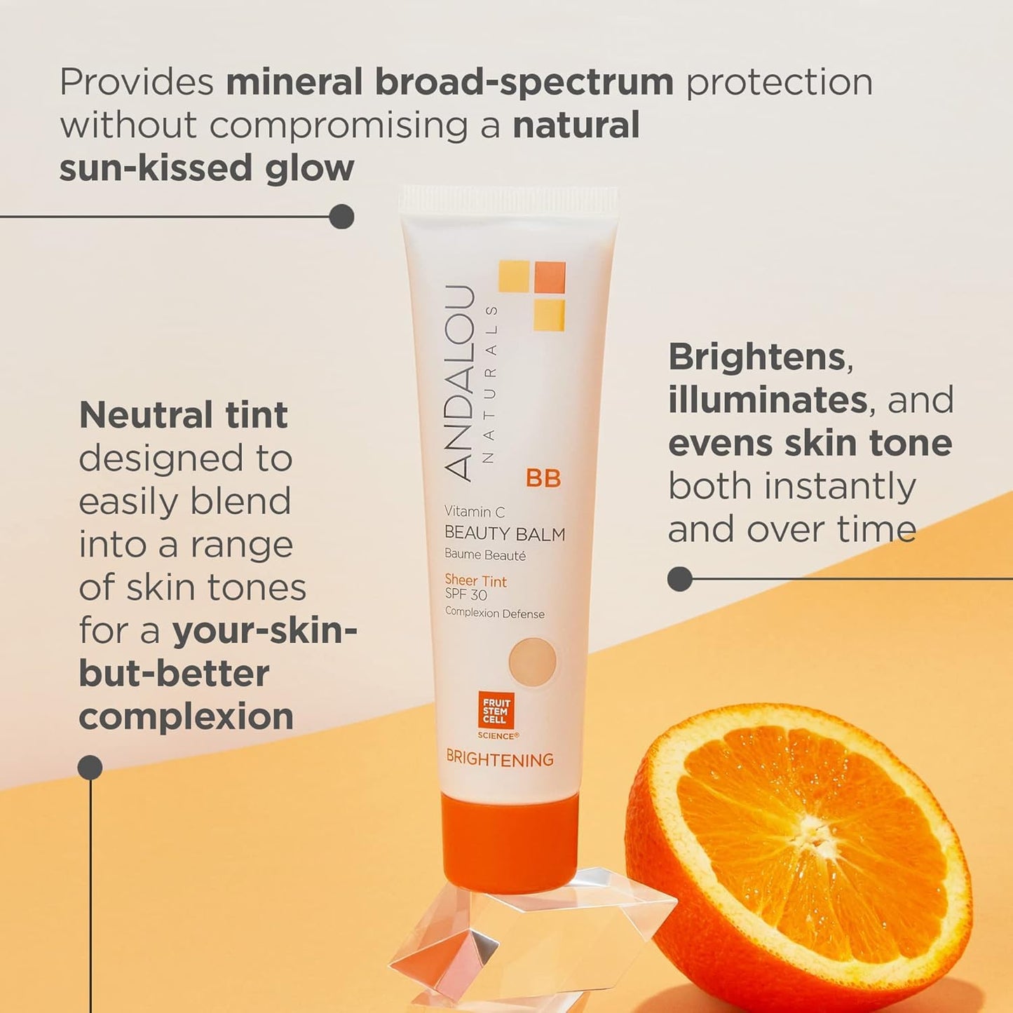Andalou Naturals Vitamin C BB Beauty Balm SPF 30 – Sheer Tint 2-in-1 BB Cream & Mineral Sunscreen, Non-Nano Zinc Oxide, 2 fl oz