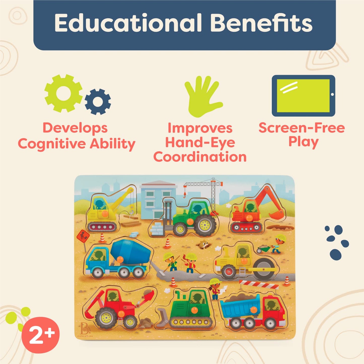 B. toys Peek & Explore Construction Trucks – Wooden Peg Puzzle with 8 Pieces: Dump Truck, Cement Mixer, Excavator & More – Toddler Toy 2+