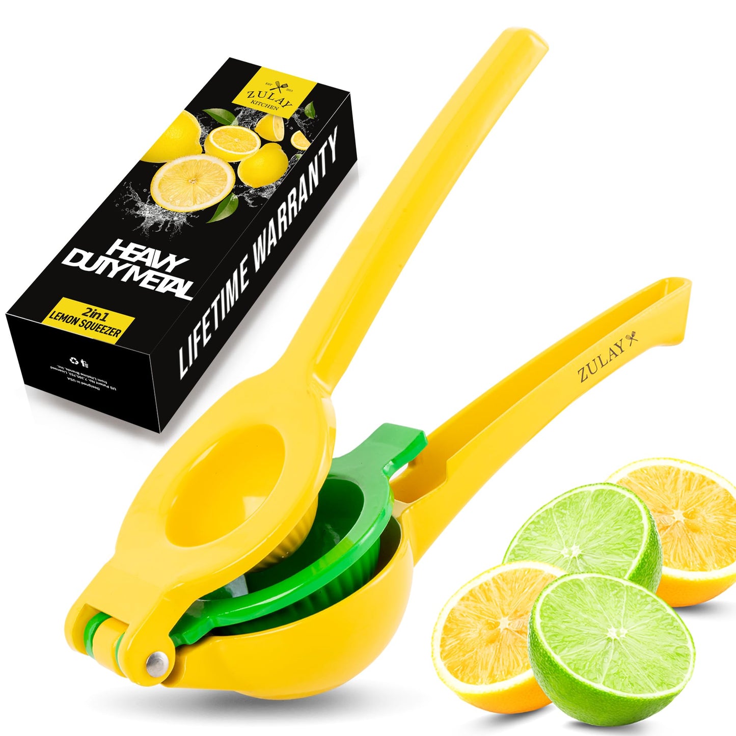 Zulay Kitchen 2-in-1 Lemon Squeezer – Heavy-Duty Hand Juicer for Max Extraction, Easy-Clean Manual Citrus Press, Yellow/Green