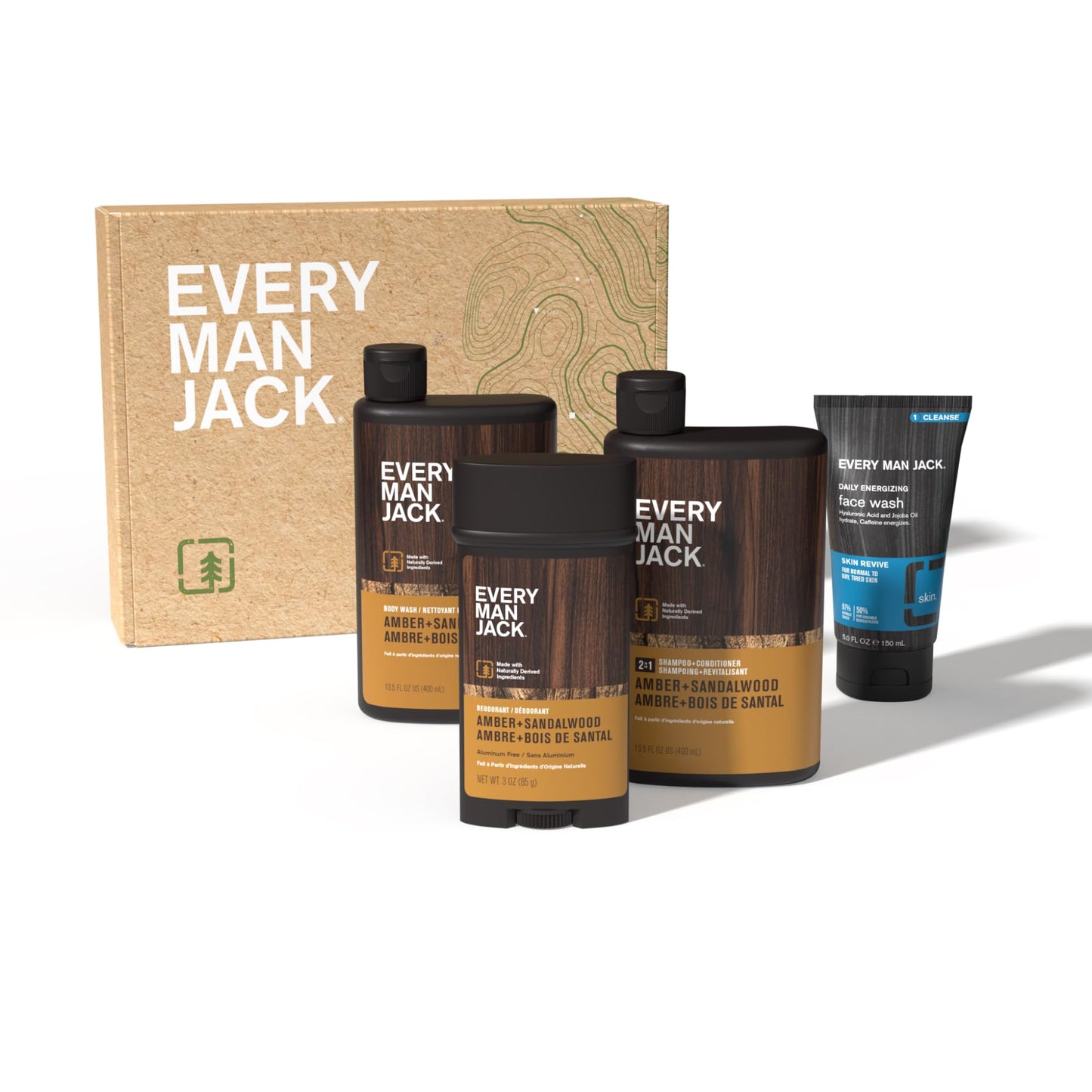 Every Man Jack Men’s Amber & Sandalwood Gift Set – Body Wash, 2-in-1 Shampoo, Deodorant & Face Wash with Clean Ingredients
