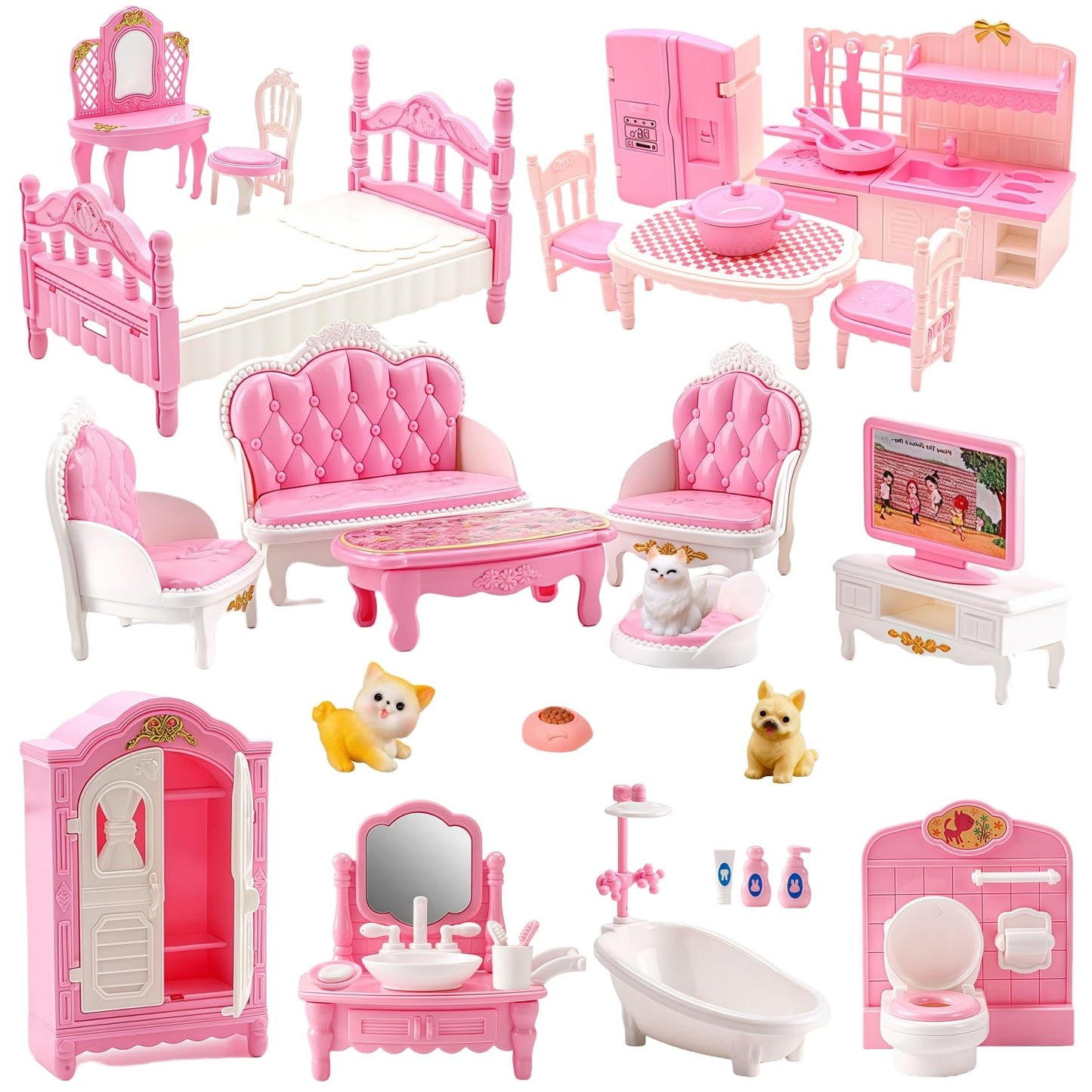 36Pcs Miniature Dollhouse Furniture Set 1:12 Scale with Cat & Dog - Kitchen, Living, Dining, Bedroom Accessories for Playhouse Toy (Pink)