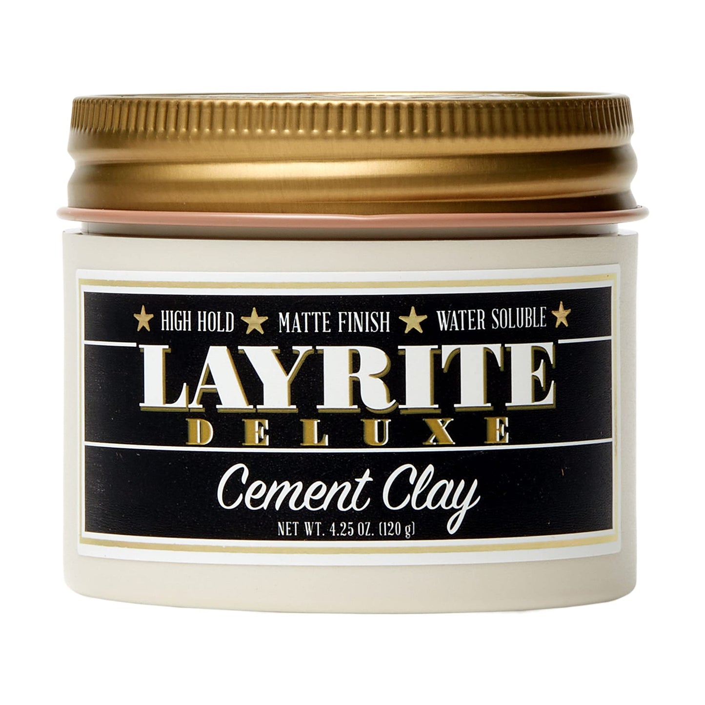 Jar of Layrite Deluxe Cement Clay with gold lid on a white background