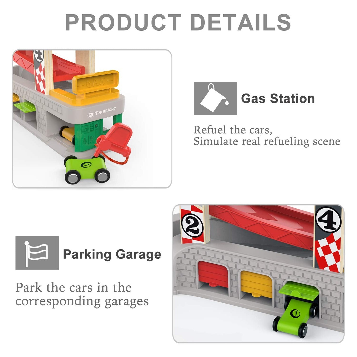 TOP BRIGHT Car Ramp Toy for 2 3 Year Old Boy Gifts, Toddler Race Track Toy for 18 Month Old with 4 Wooden Cars and 3 Car Garage