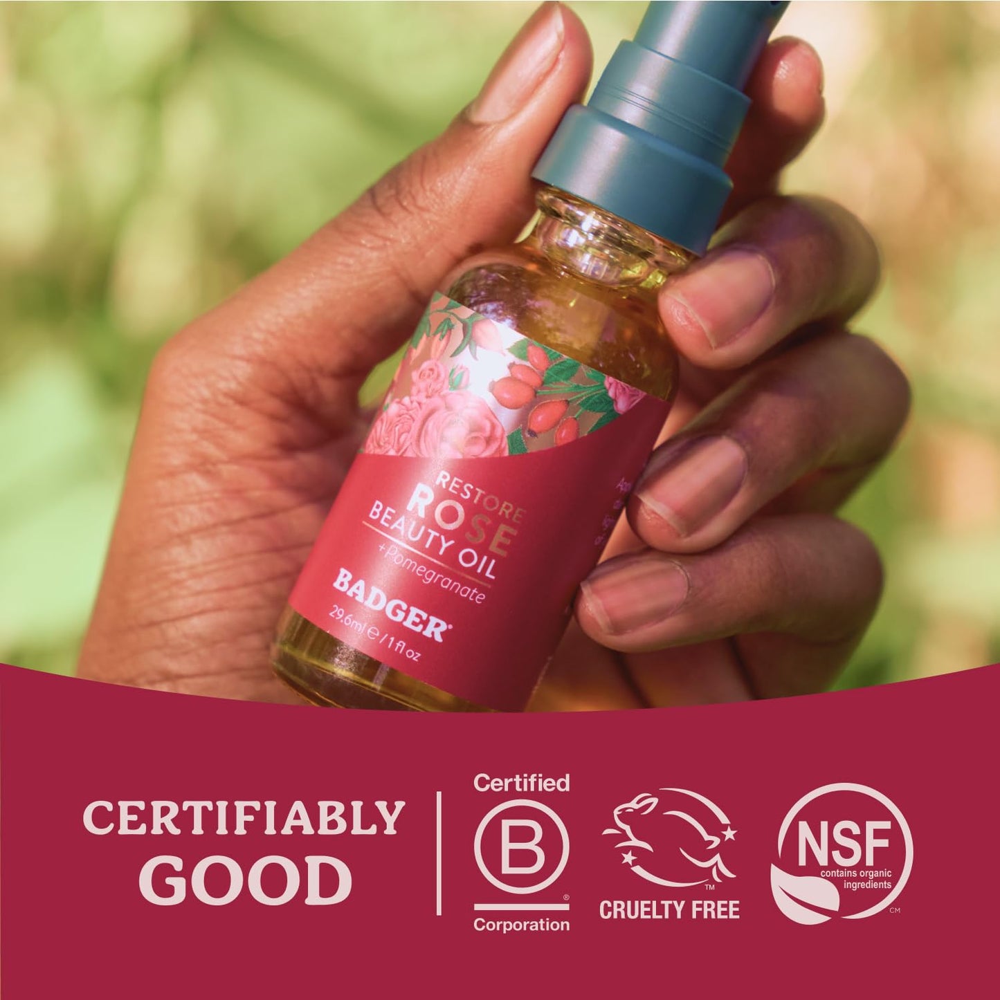 Badger Rose Face Oil - 100% Organic Moisturizer with Jojoba & Rose Oil, Vegan, Antioxidant-Rich, Nourishing & Soothing, 1 fl oz