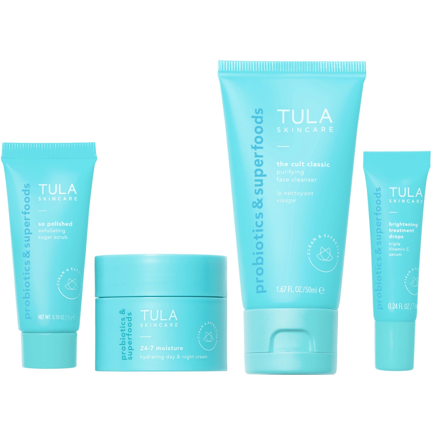 TULA Skin Care On-the-Go Travel Kit – Cleanser, Day & Night Moisturizer, Sugar Scrub & Vitamin C Serum for Radiant, Glowing Skin, 1 ct