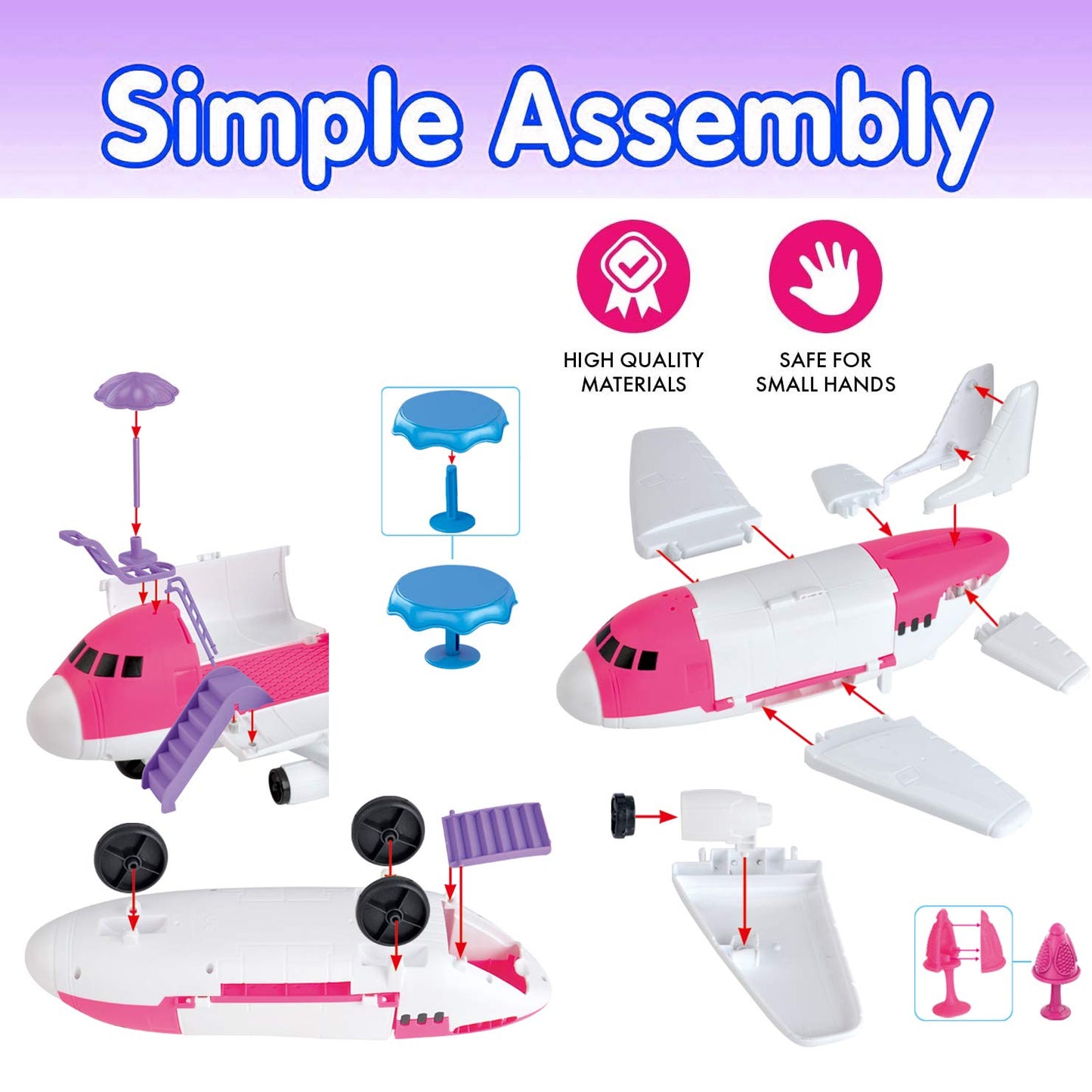 Pink Airplane Toy Private Jet Transport Cargo Vehicle - Big Large Aircraft Plane with Figures and Beauty Accessories Pretend Playset for Toddler Girls