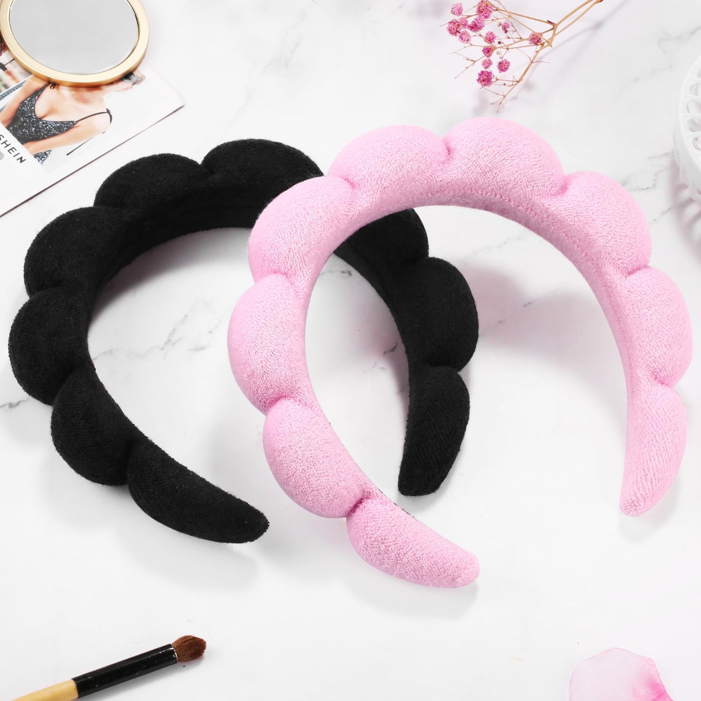Ztomine Spa Headbands Set of 2 for Face Washing & Skincare – Soft Terry Cloth Puffy Headbands for Makeup, Facial & Mask (Black & Pink)
