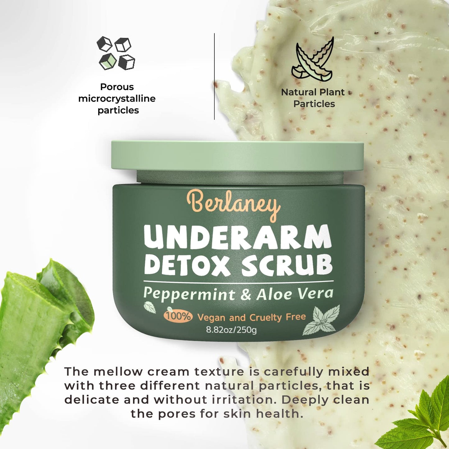 Armpit Detox Scrub 8.8oz – Peppermint, Aloe & Walnut Shell Powder, Deep Cleanse & Exfoliate Underarms, Legs, Feet, Hands, Body