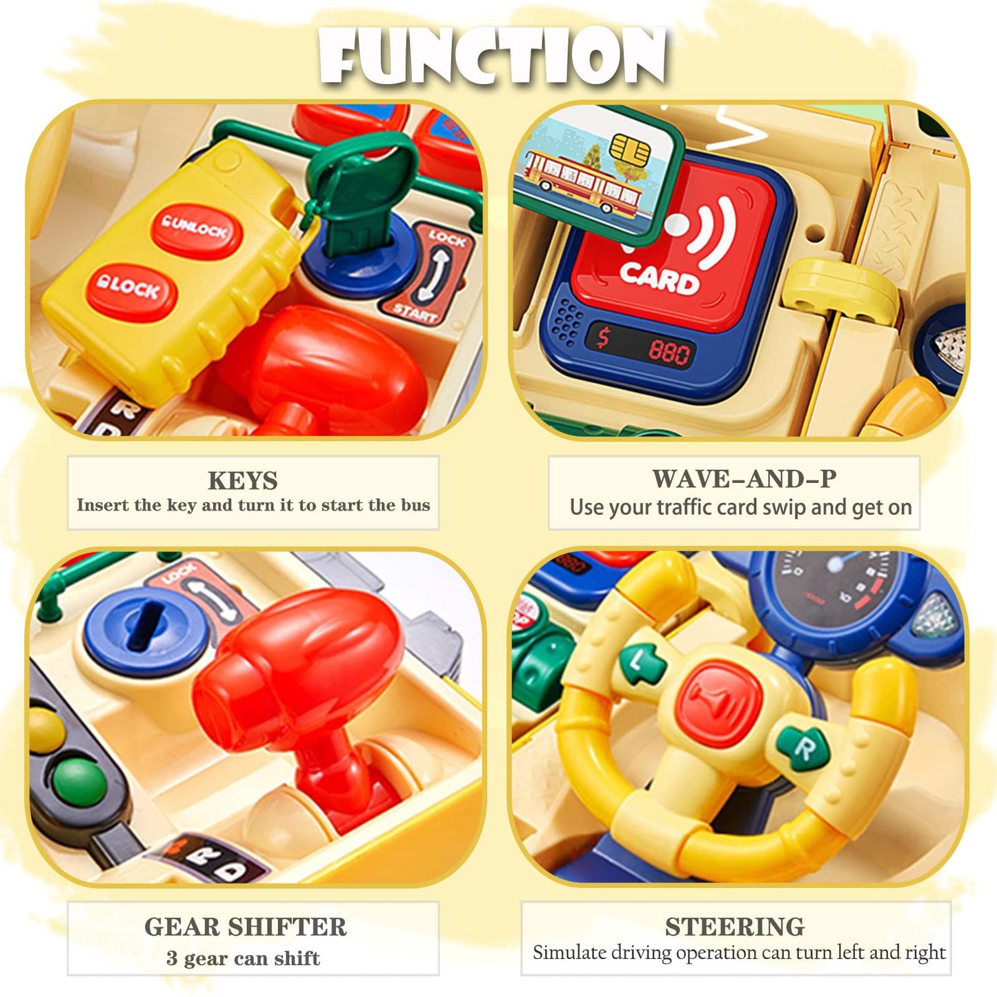 HONGTUO School Bus Toy with Sound and Light, Simulation Steering Wheel, Toddlers School Bus with Music Education, Gift for 1-3-5 Boys & Girls