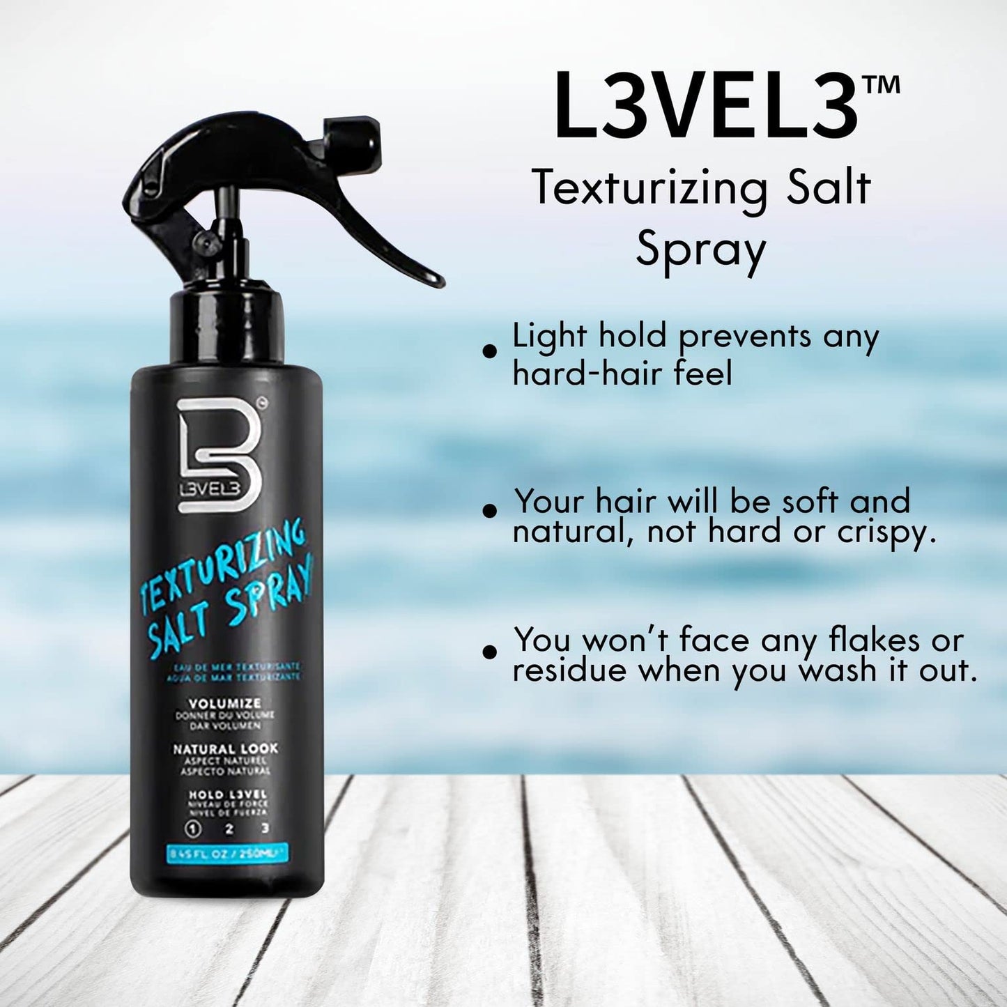 L3 Level 3 Sea Salt Texturizing Spray - Creates Beachy Waves and Texture - Casual Hair Finish (8.45 Fl Oz)