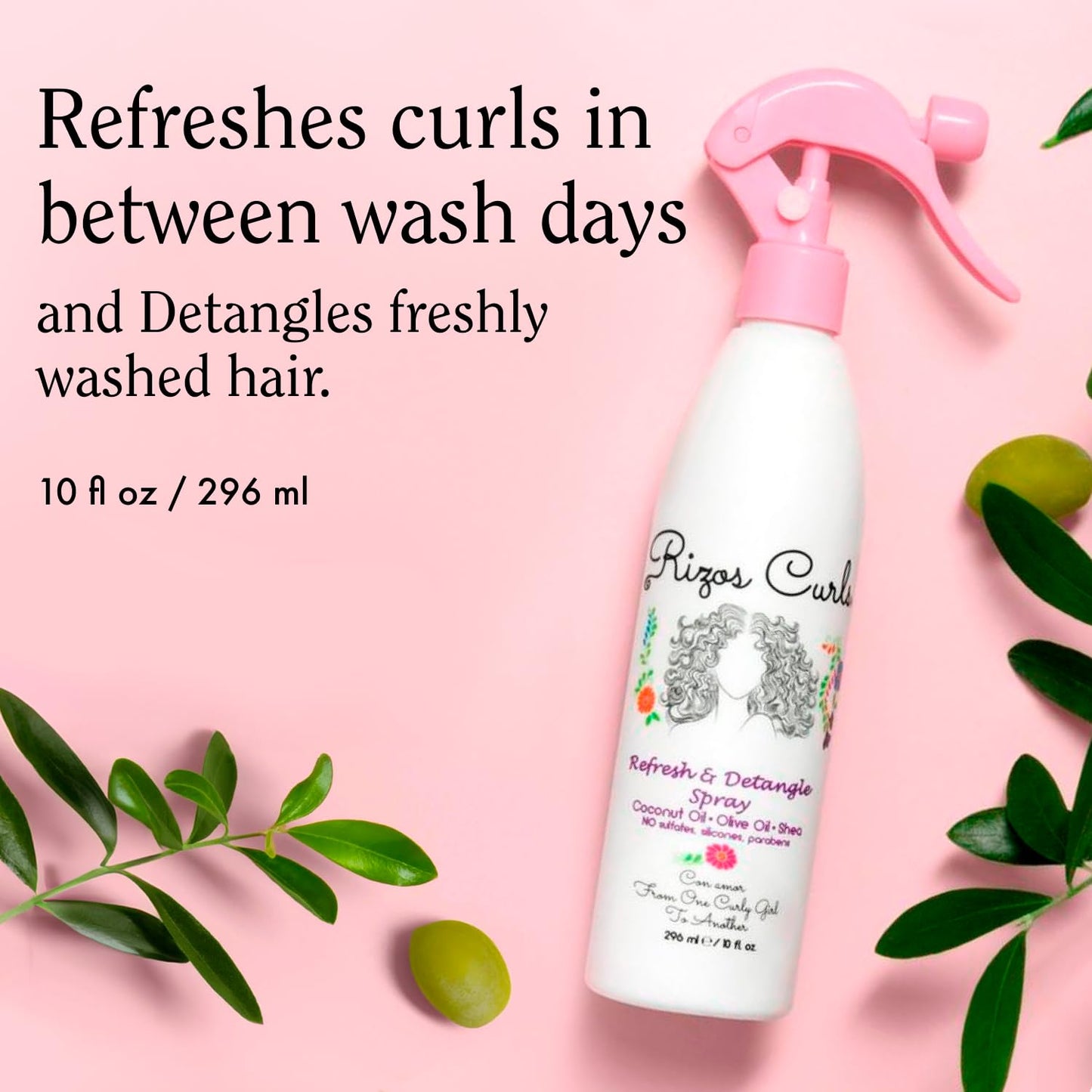 Rizos Curls Refresh & Detangle Spray – Leave-In with Coconut Oil – Hydrates, Nourishes & Controls Frizz for 2A–4C Hair – Adds Shine, Vegan & Cruelty-Free