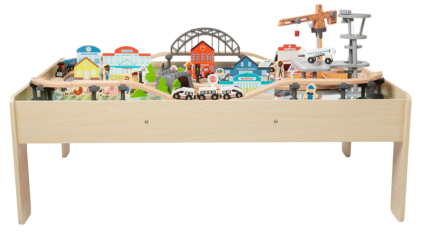 Amazon Basics 120 Piece Wooden Train Set with Table, Sturdy Tracks and Storage Bin, Multi-Activity, Kids Gift for Age 3Y+, 48.62 x 18.07 x 7.01 in