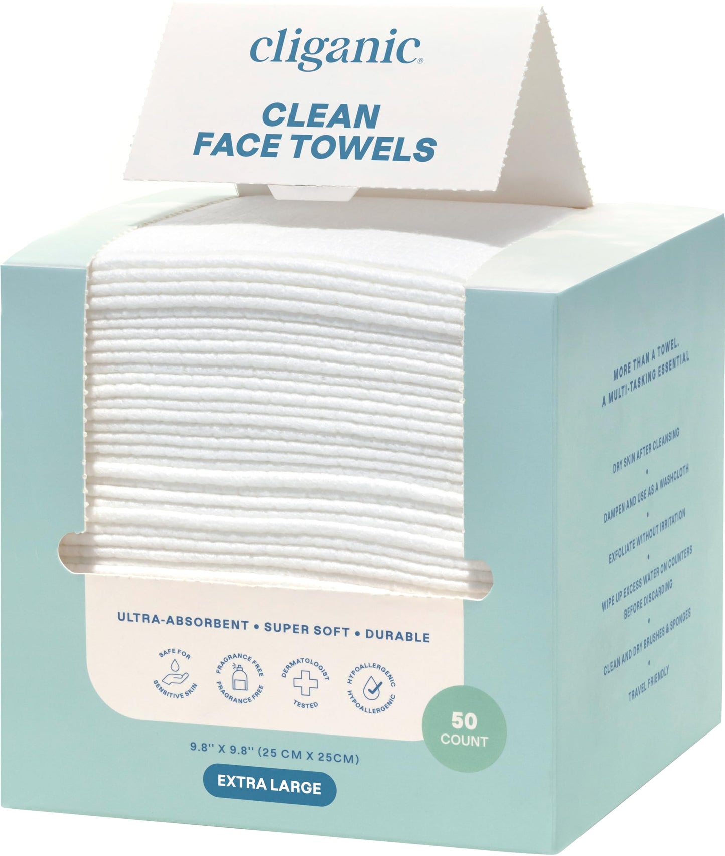 Cliganic XL Disposable Face Towels – Soft, Hypoallergenic, Ultra-Absorbent Makeup Remover Wipes, 50 Ct, All Skin Types