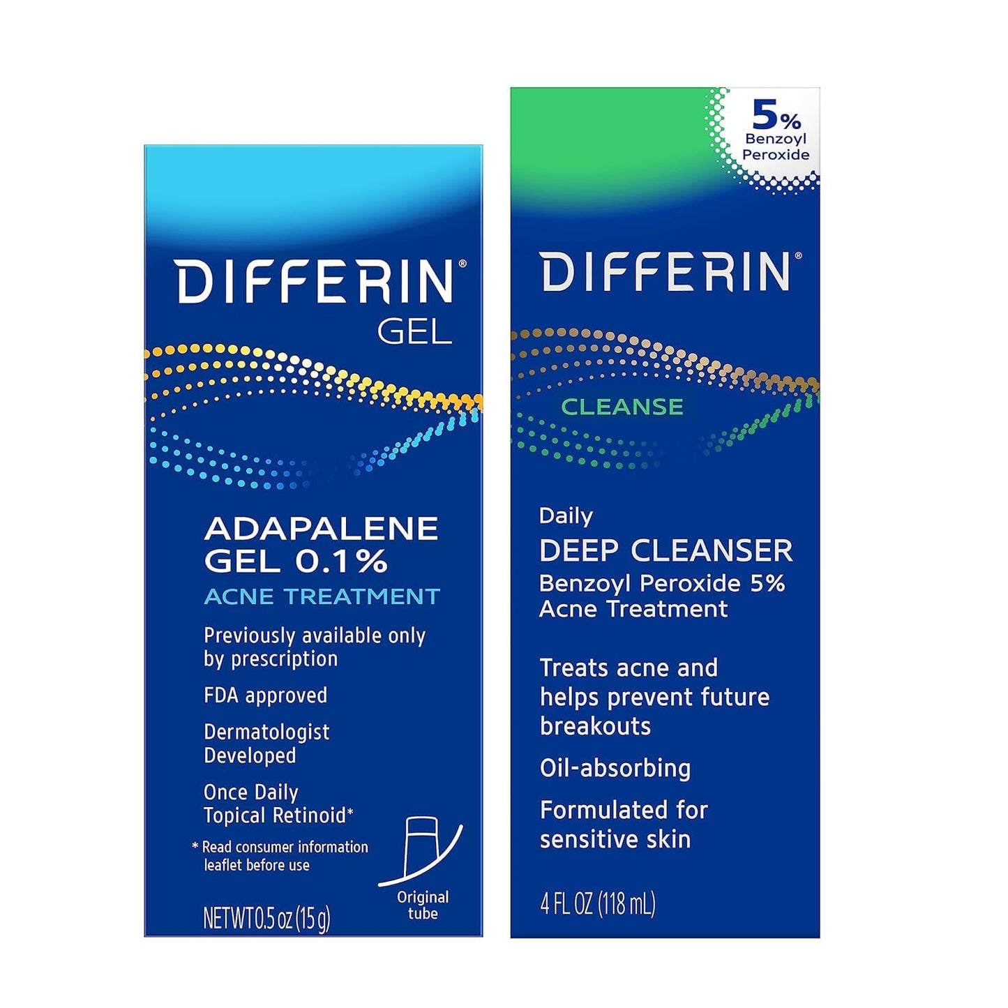 Differin Acne Skin Care Kit – 0.1% Adapalene Gel, 5% Benzoyl Peroxide Face & Body Wash for Acne & Pimple-Prone Skin