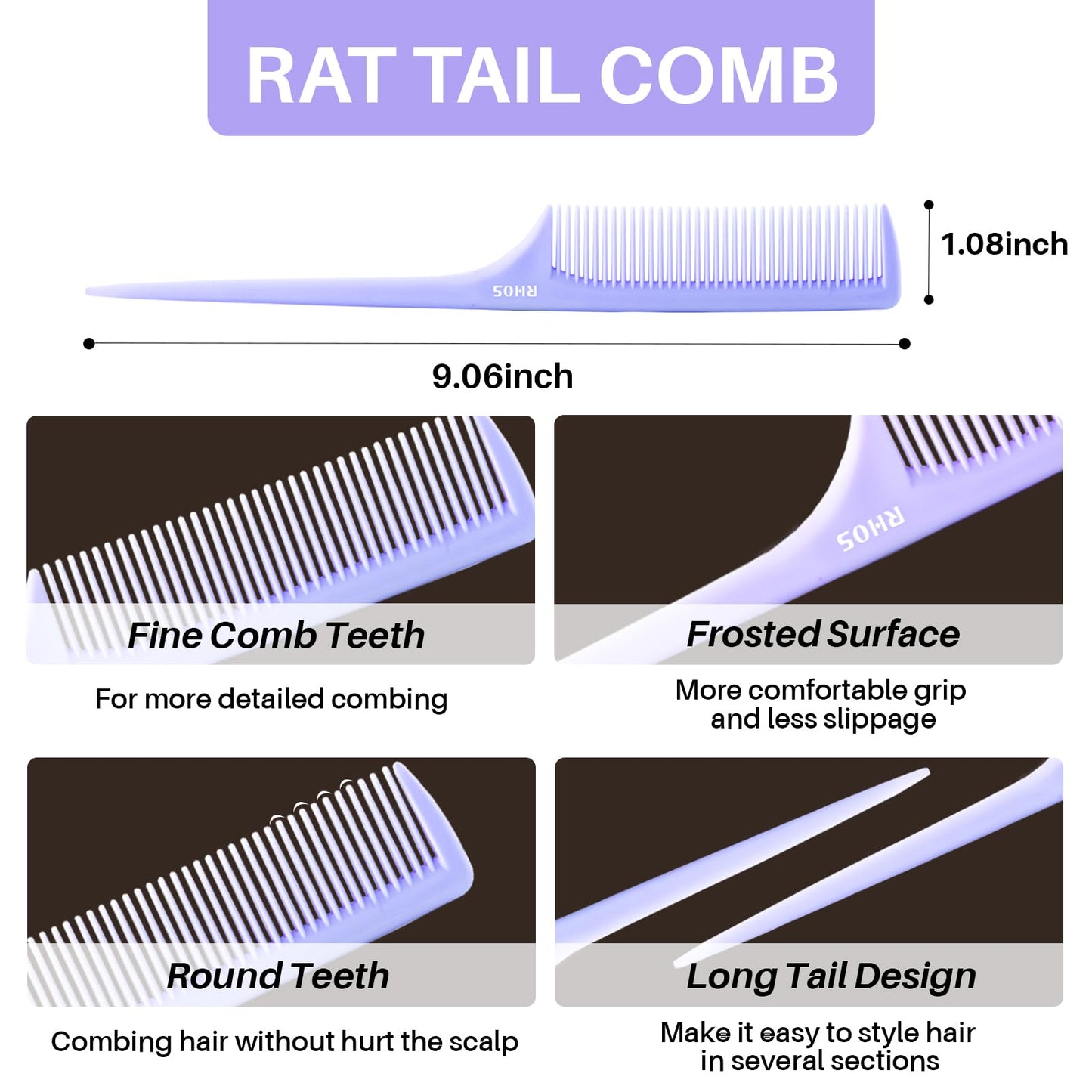 RHOS Rat Tail Comb for Parting, Fine Tooth Teasing Comb with Pick, 2 Pack Hair Styling Combs Set for Women and Men, Pink & Purple, Plastic, Unisex
