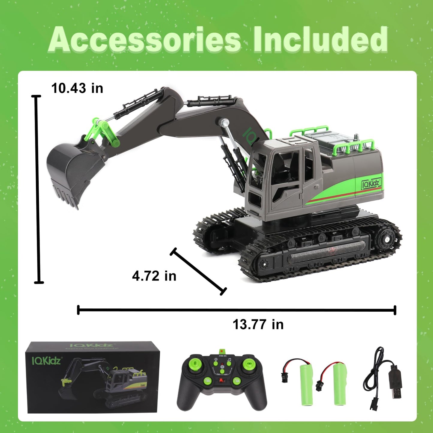 IQKidz RC Excavator Toy for Boys 4-10+ – Metal Shovel Construction Vehicle with Lights, Sounds, 2.4G Rechargeable Remote Control