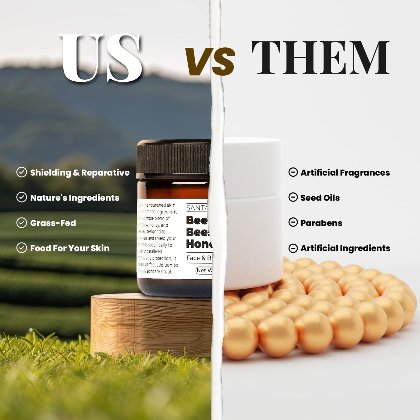 Santa Cruz Paleo Beef Tallow & Honey Balm – Grass-Fed Moisturizer for Face & Body, Organic Beeswax & Honey, Light Scent, 2oz