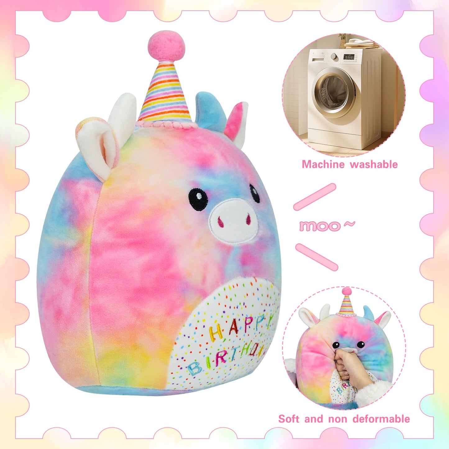 AWNOGKUE 12" Cow Stuffed Animal Plush Toy – Soft Unicorn Rainbow Plushie Pillow for Kids, Toddlers, Girls & Boys, Birthday Gift & Room Decor