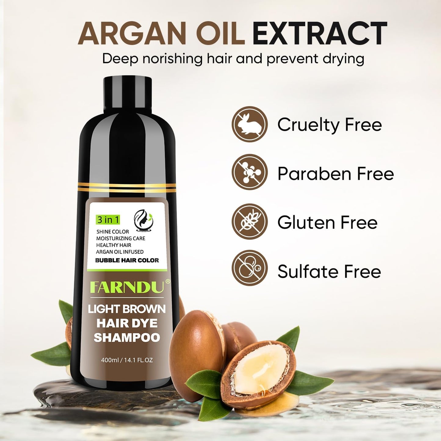 FARNDU Light Brown Hair Dye Shampoo for Gray Hair Coverage - 3 In 1 Natural Hair Color Shampoo for Women & Men, Champu Para Canas Mujer