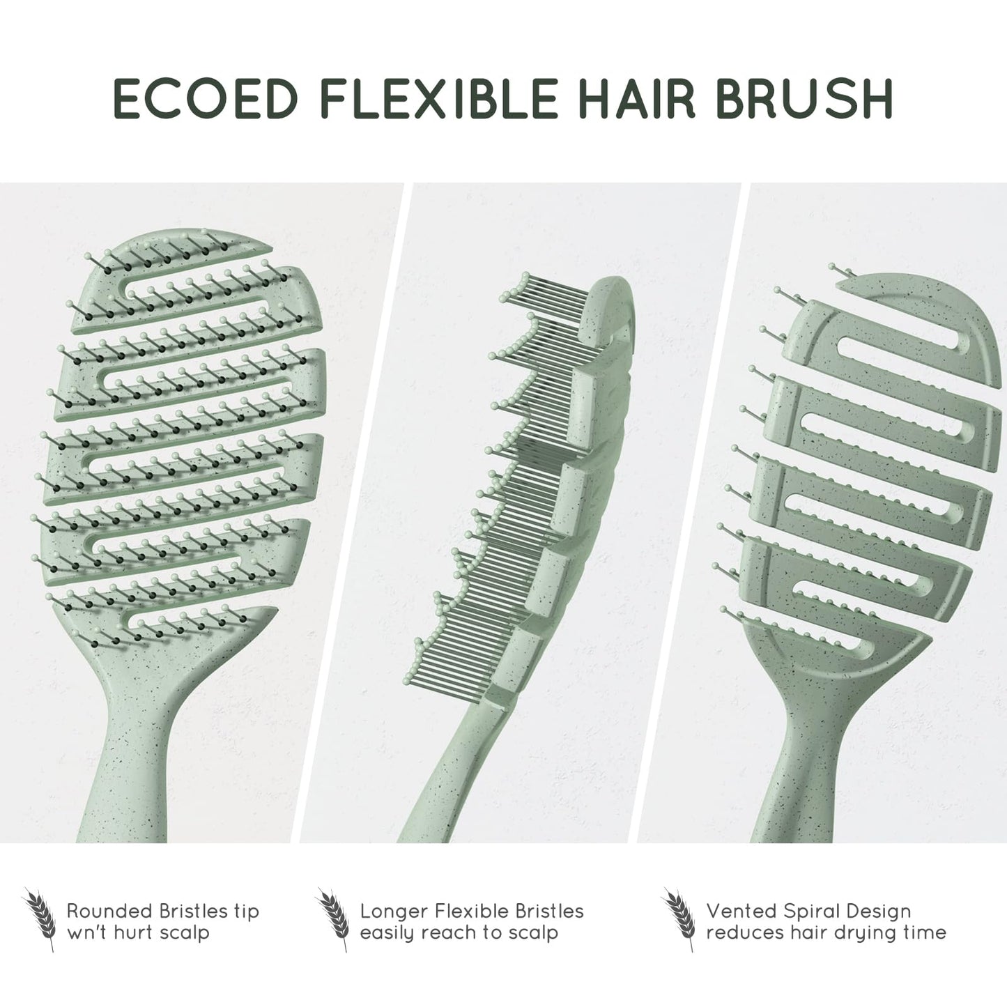 Ecoed Detangler Hairbrush – Soft Bristle Brush for Wet & Dry Hair, Straight, Wavy, Curly, Fine Hair – Quick Smoothing, Eco-Friendly & Sustainable (Green)