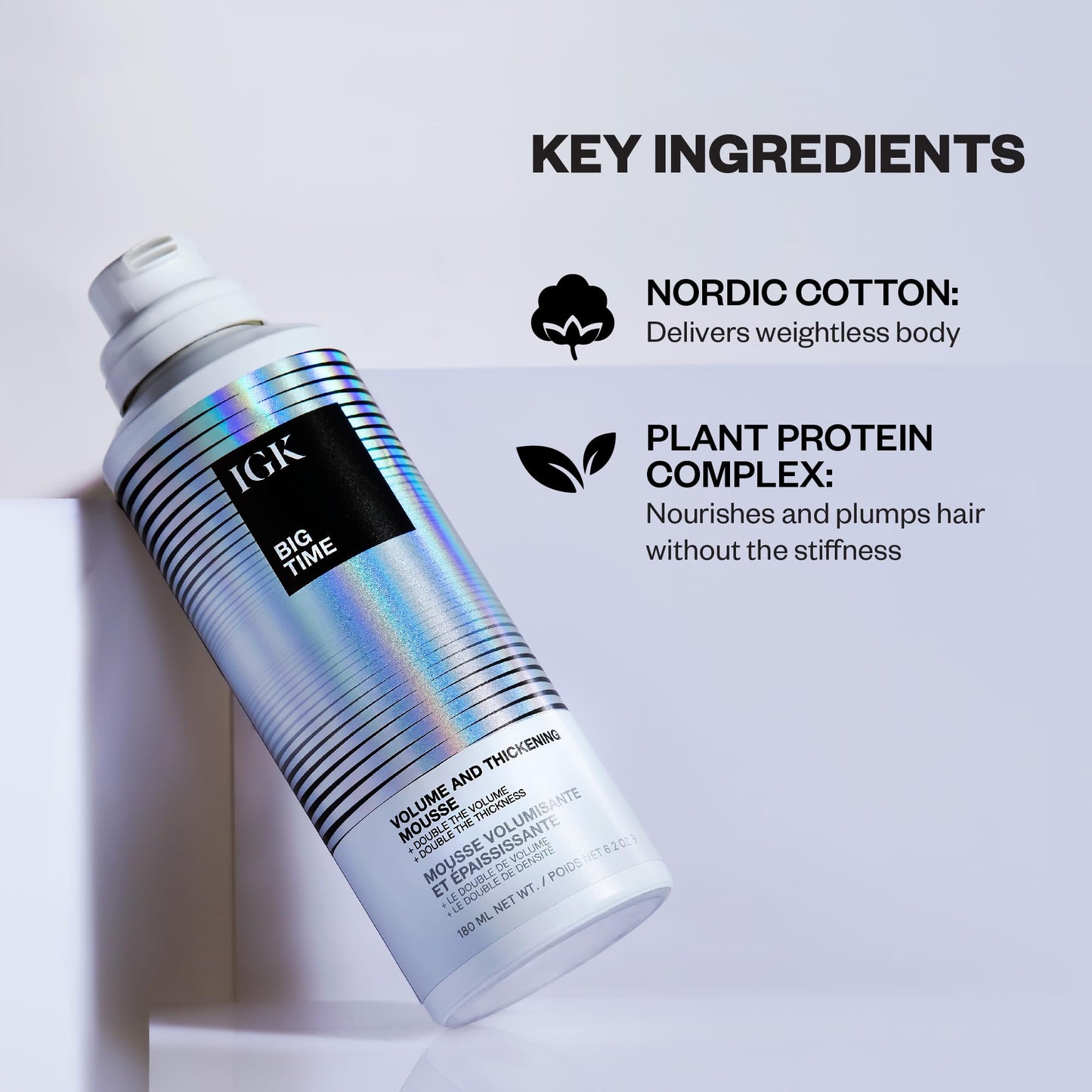 IGK BIG TIME Volume & Thickening Mousse | Moveable + Fullness + Frizz Control | Vegan + Cruelty Free | 6.2 Oz