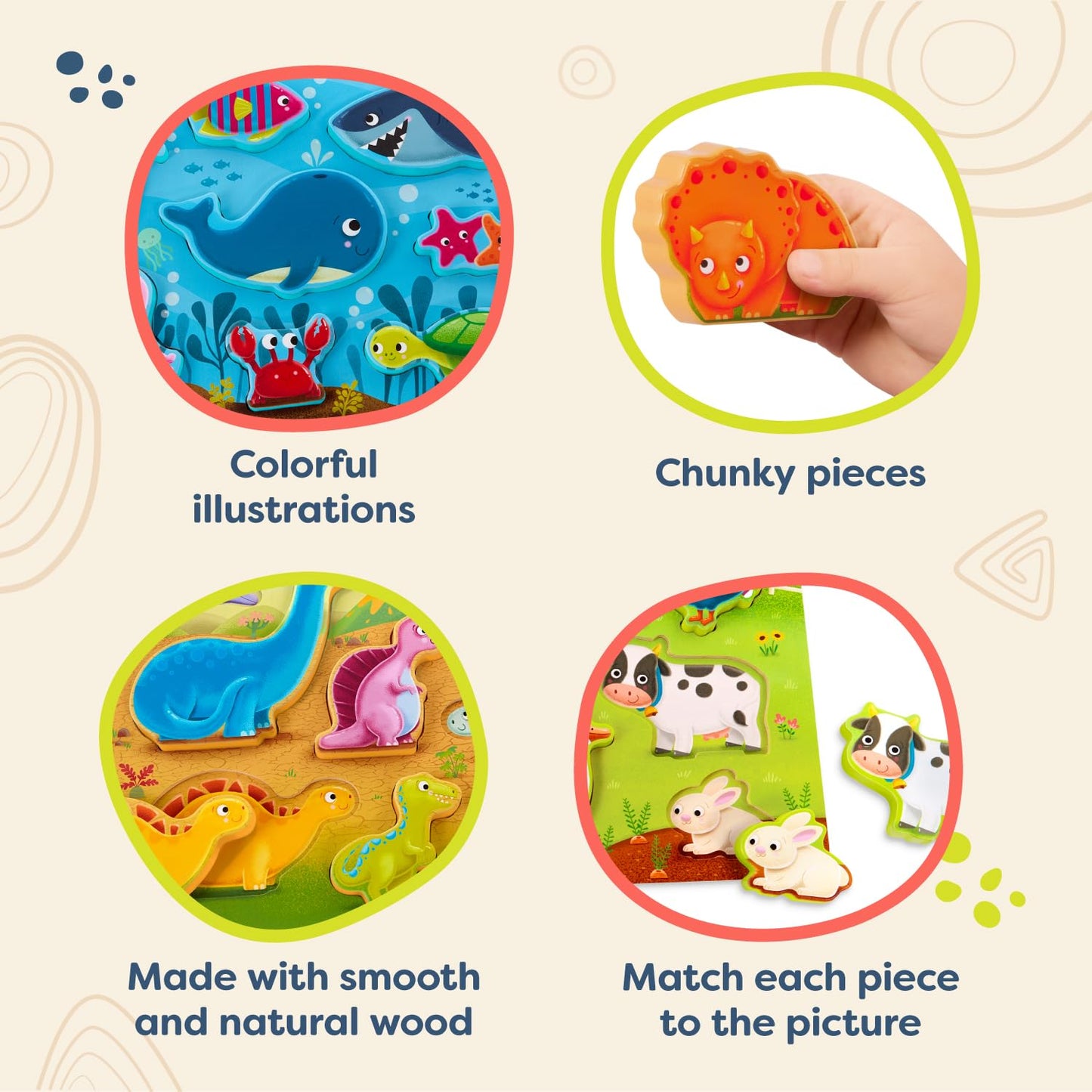 B. toys – Peek & Explore 3 – Pack – Farm, Sea, Dinos – Chunky Puzzle 3 – Pack – Wooden Puzzles – 8 Pieces Each – 2+ Years