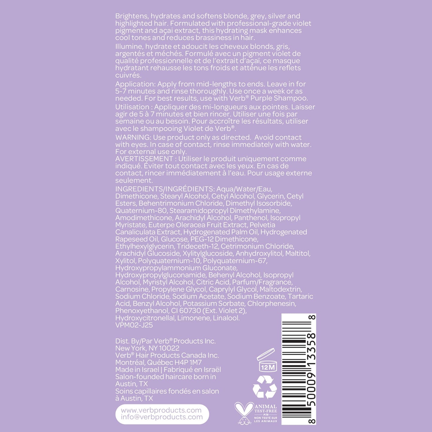 VERB Purple Mask, 6.3 oz - Deep Conditioner for Blonde, Silver & Grey Hair – Neutralizes Brassiness + Adds Shine - Vegan & Cruelty-Free