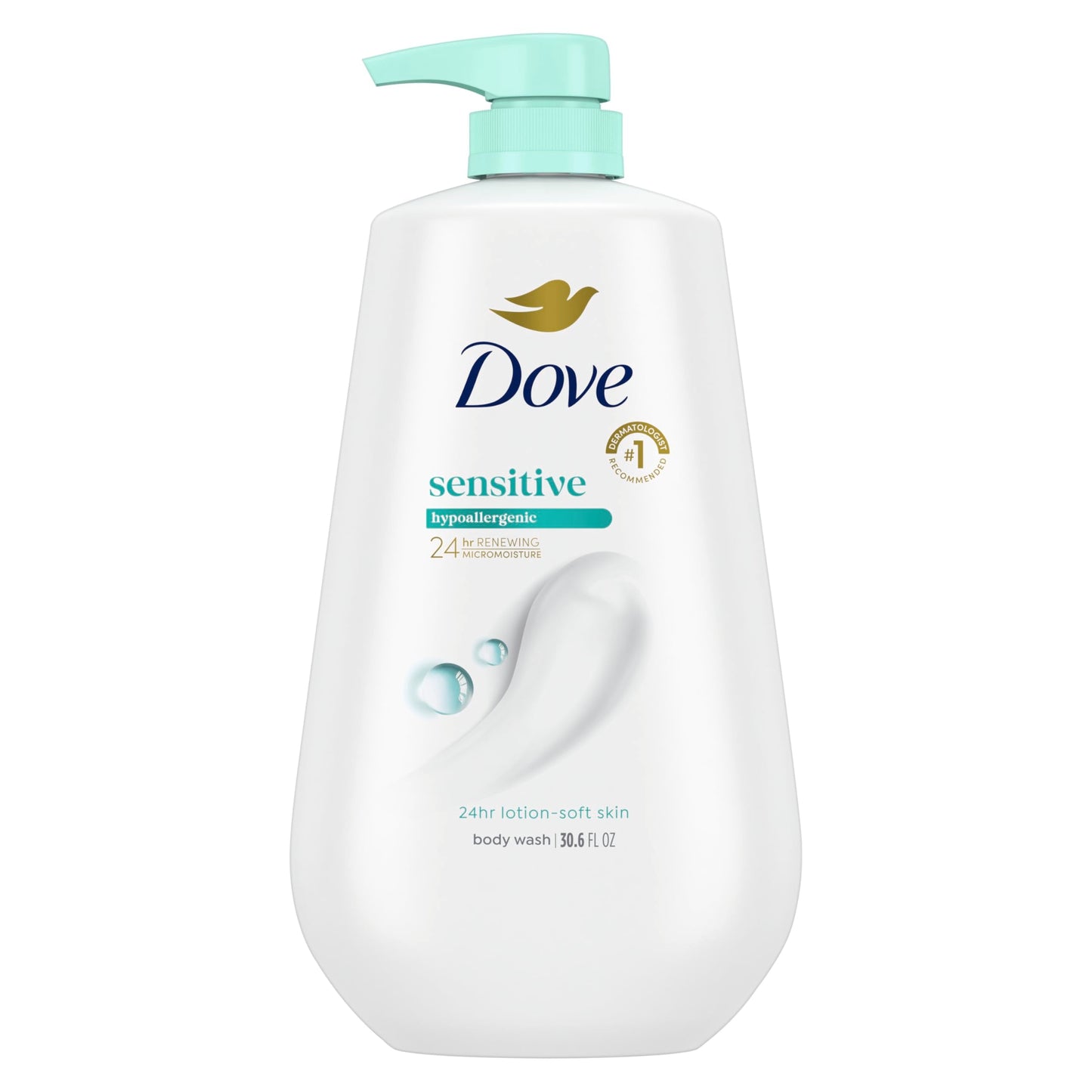 Dove Body Wash for Sensitive Skin – 24hr Moisturizing Cleanser with Pump, Gentle Hypoallergenic Formula, No Sulfates or Parabens, 30.6 oz