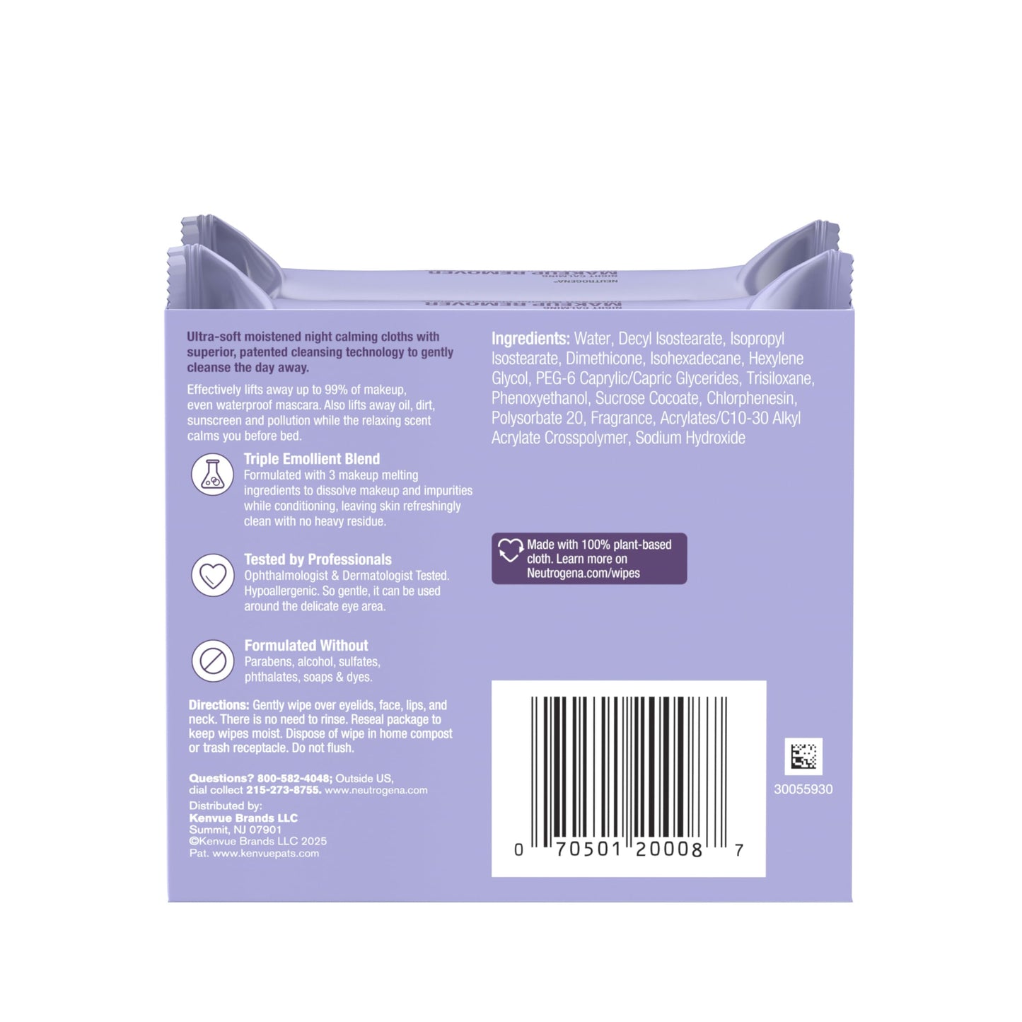 Neutrogena Night Calming Makeup Remover Wipes - Hypoallergenic, 100% Plant-Based Cloth, Removes Makeup, Sweat & Dirt, 50 Count (2x25)