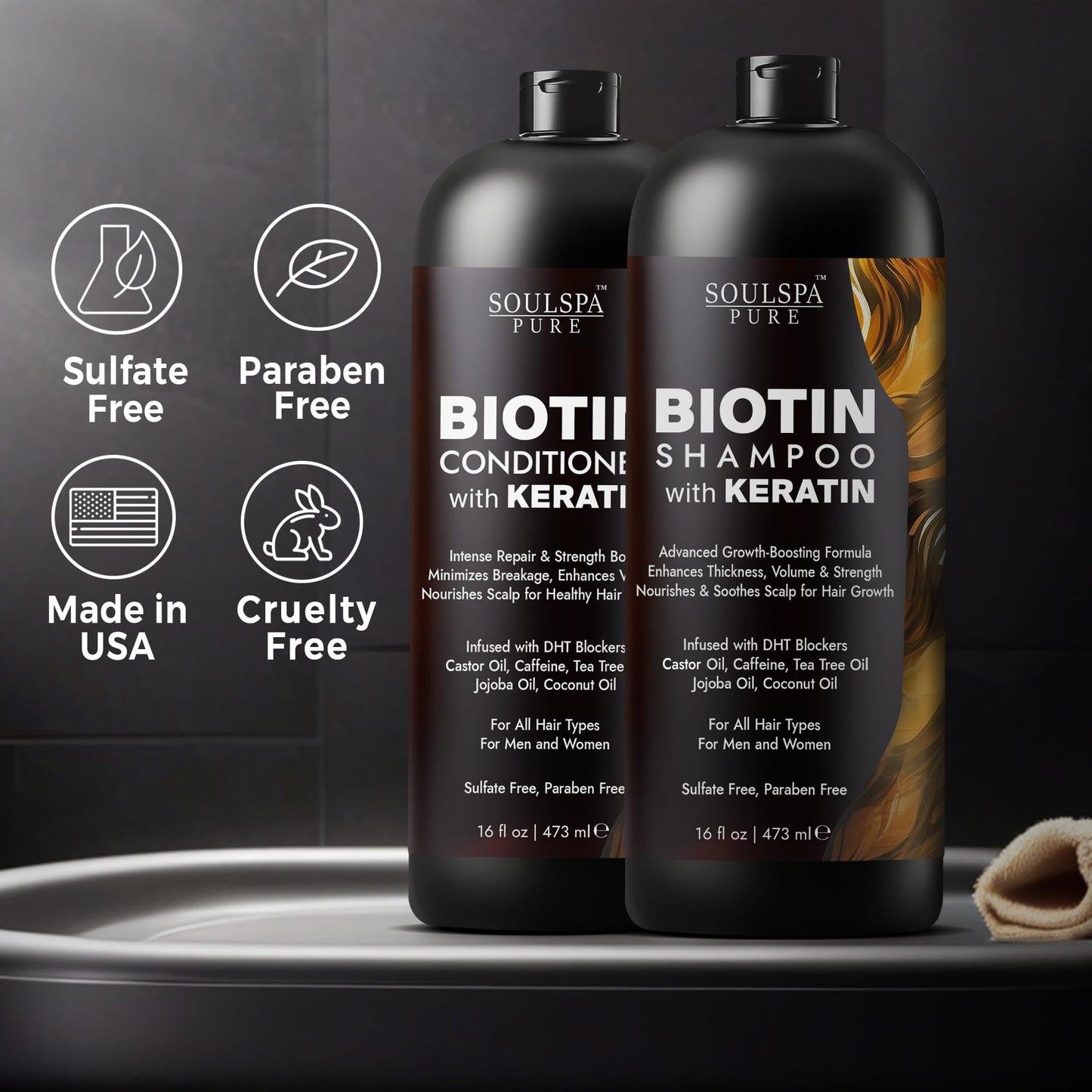 Biotin & Keratin Shampoo and Conditioner Set | Sulfate-Free Anti-Thinning Hair Growth Formula with DHT Blockers | Repair for Men & Women, 16 fl oz Each