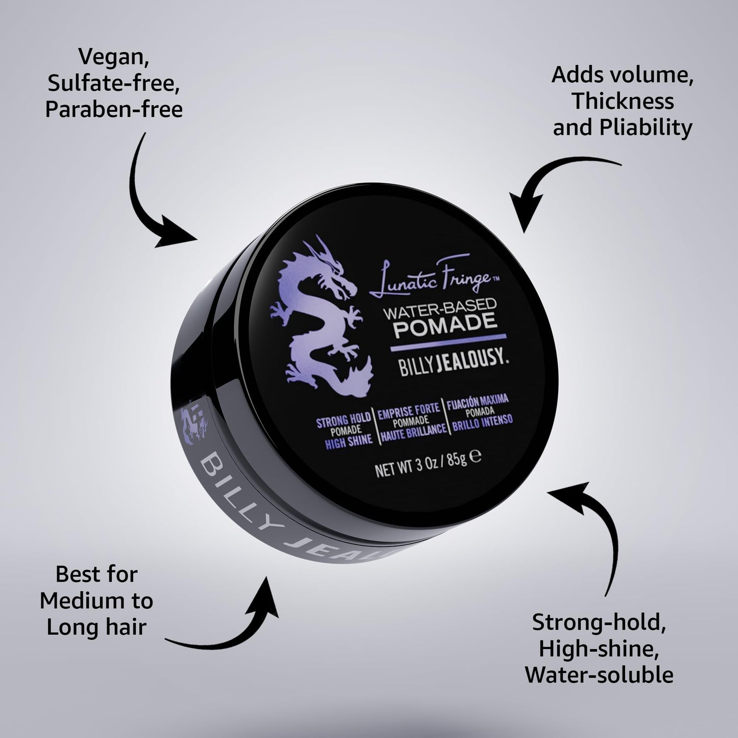 Billy Jealousy Lunatic Fringe Water-Based Pomade for Men – Strong Hold, High Shine, Vegan & Water Soluble Hair Styling Product, 3 oz