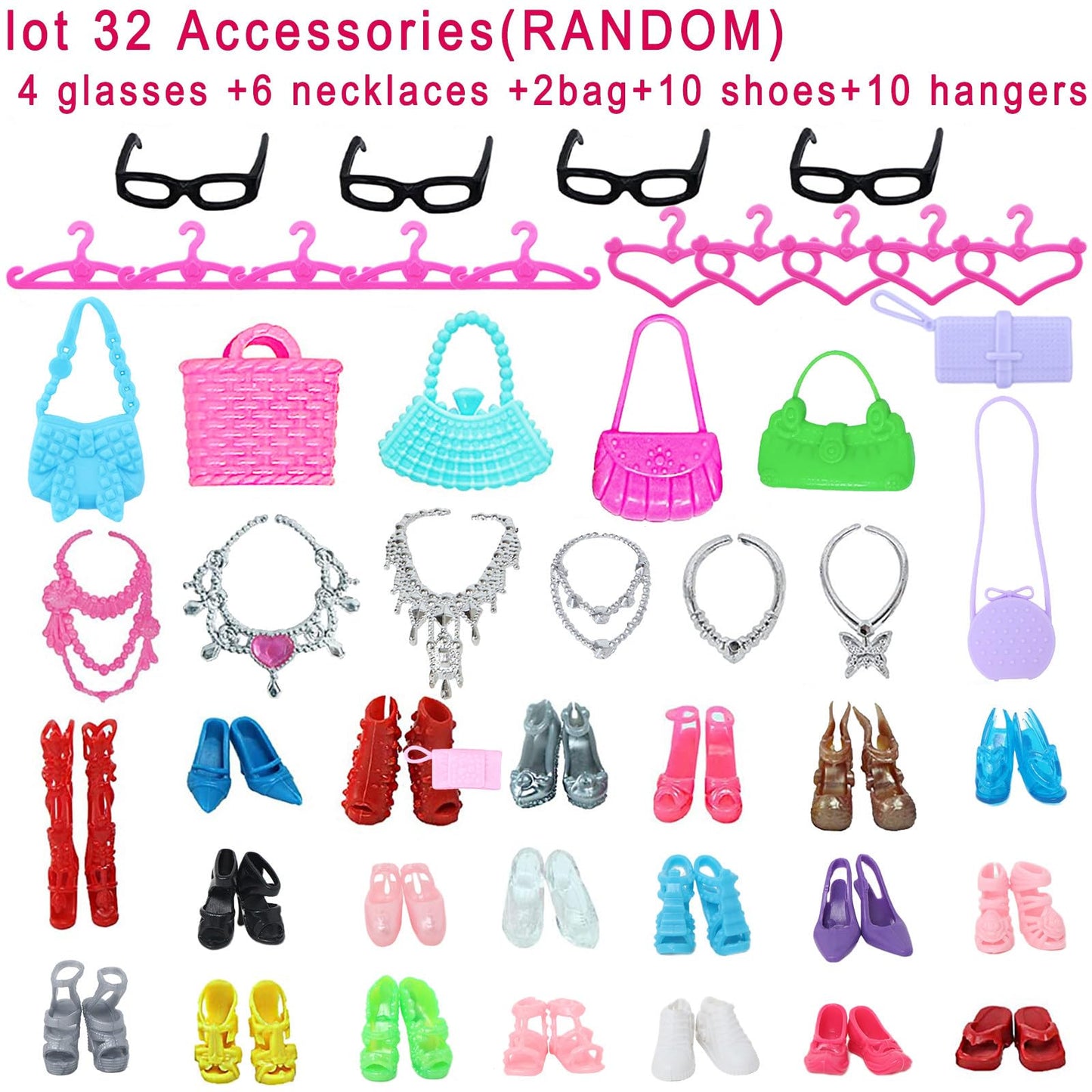 BJDBUS 42-Pc Doll Clothes & Accessories Set for 11.5" Dolls – 10 Mini Dresses, 32 Shoes, Glasses, Necklaces, Handbags & Hangers