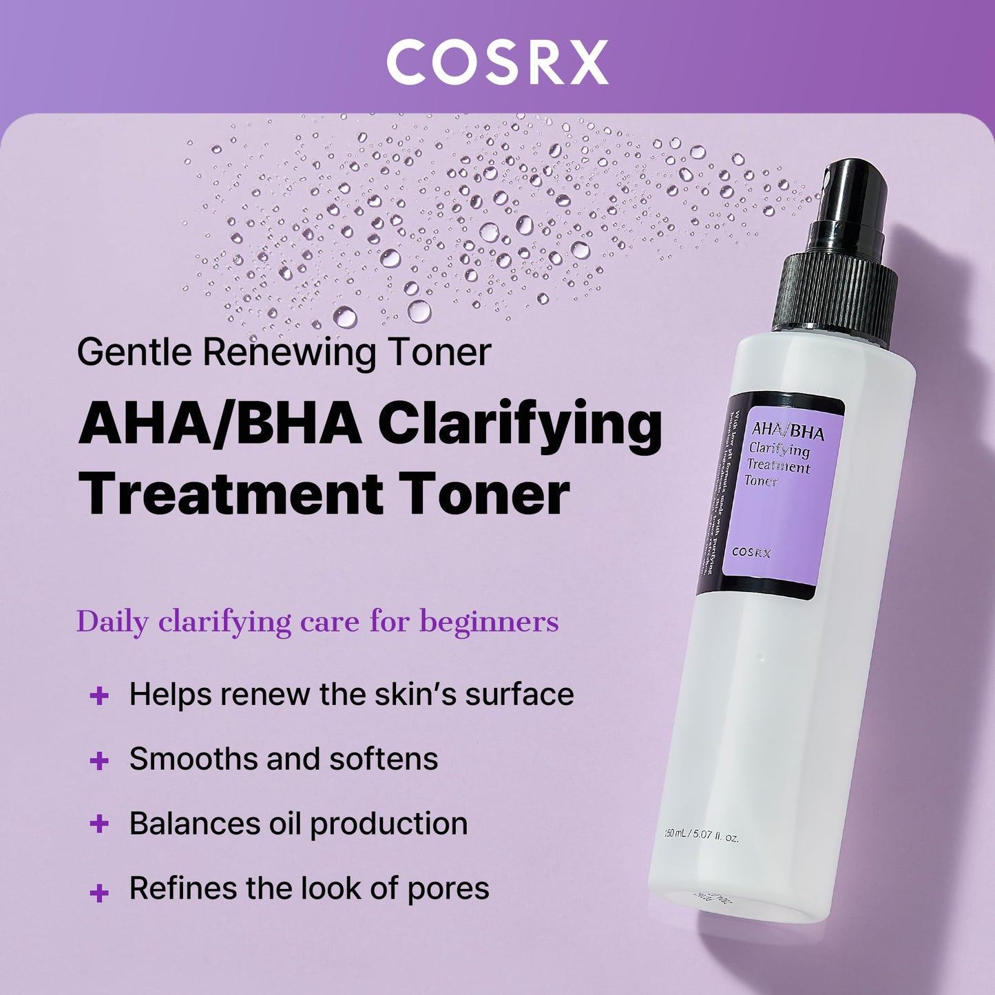 COSRX AHA/BHA Treatment Toner 5.07 fl.oz – Korean Facial Exfoliating Toner for Whiteheads, Pores & Uneven Skin, Cruelty-Free