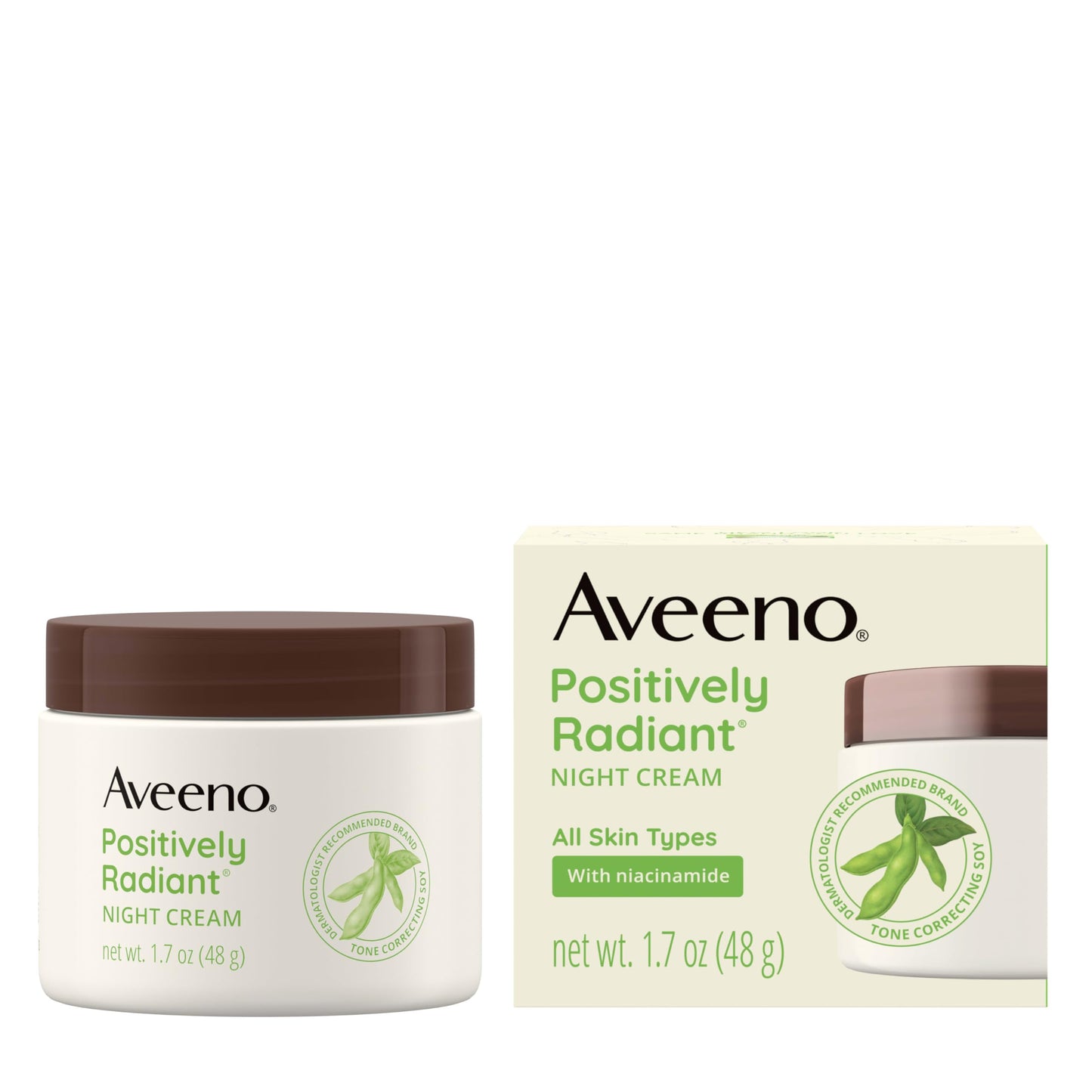 Aveeno Positively Radiant Night Cream for Face & Neck – Tone Correcting Soy & Niacinamide, Evens Skin, Targets Dullness, 1.7 oz