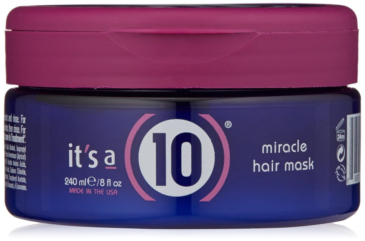Jar of 'it's a 10' miracle hair mask with purple lid and blue body.