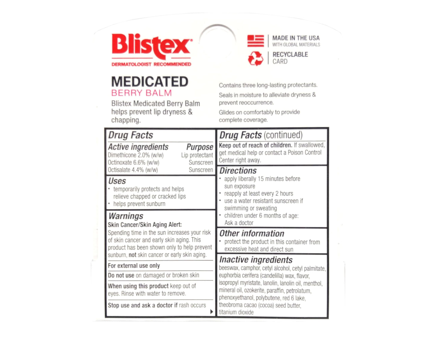 Blistex Medicated Berry Balm Lip Protectant and Sunscreen SPF 15, Soothes and Prevents Dry Chapped Lips, 0.15 oz