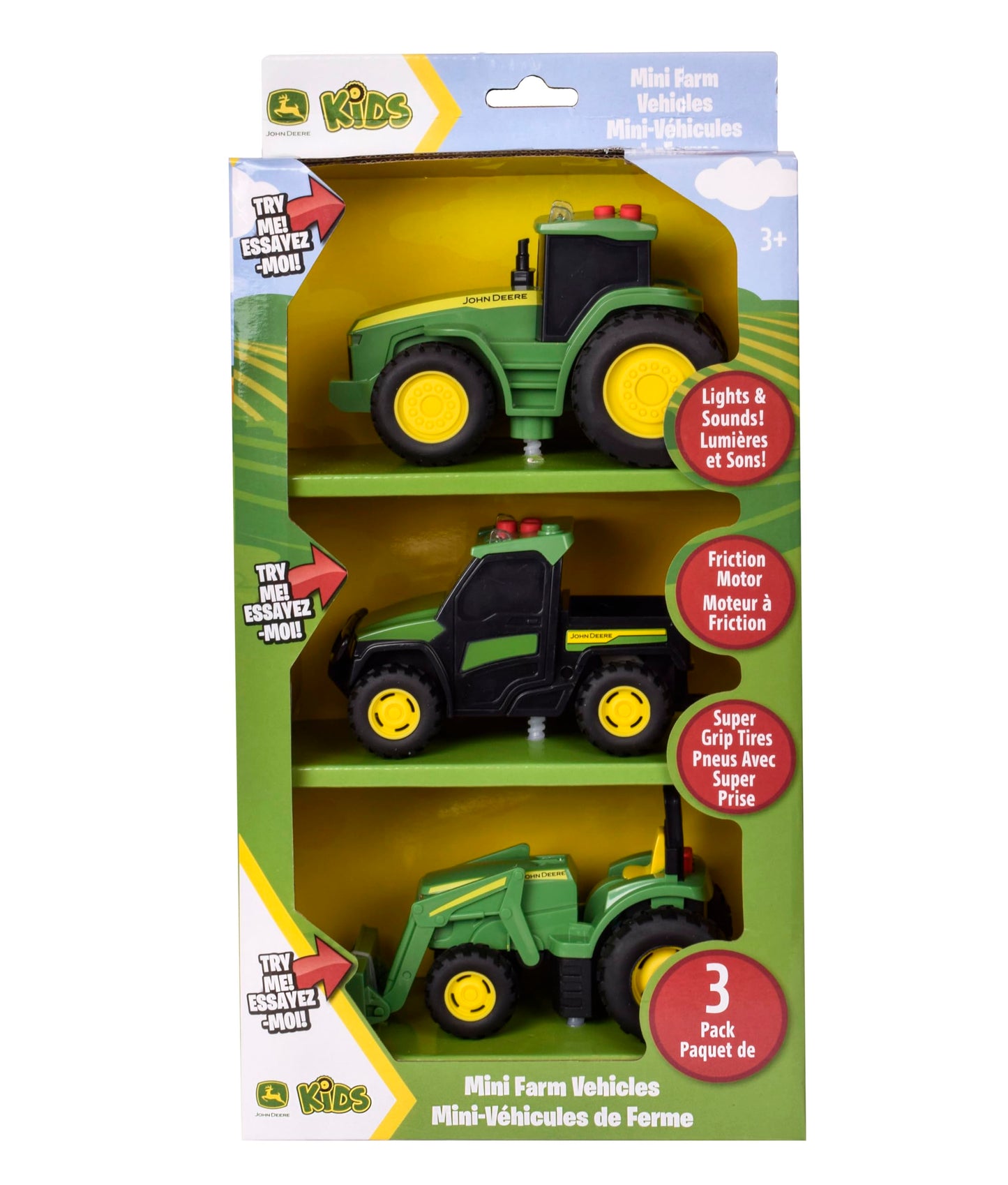John Deere 3-Pack Set Lights and Sound Realistic 5" Farm Vehicles, 7R Series Tractor, 6105M Tractor and Gator